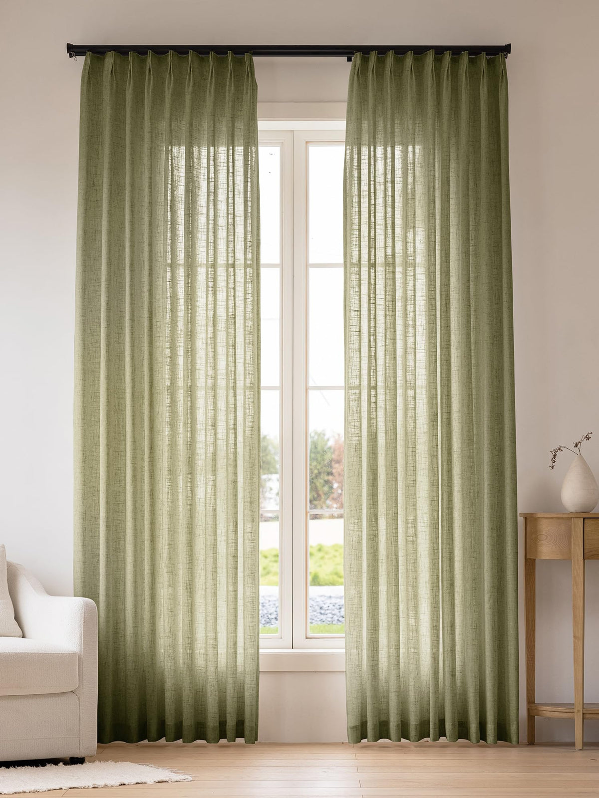 Liz Sheer Pinch Pleated Linen Curtains 102 Inches Long - Light Filtering Pleat Curtains for Living Room, Window Curtains for Bedroom, Luxury Pinch Pleated Drapes with Hooks, Natural, 2 Panels Set