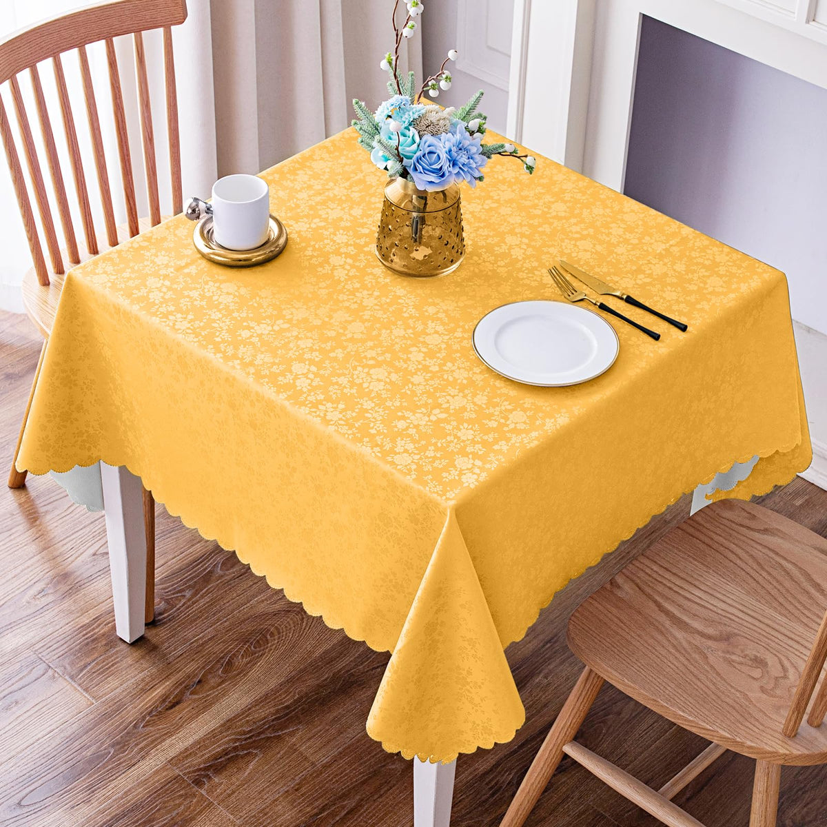 Smiry Rectangle Waterproof Heavy Duty Vinyl Tablecloths, 60 x 84 Inch | Wipeable Washable Floral Embossed Table Cover for Kitchen and Dining Room, Indoor & Outdoor Use, Beige
