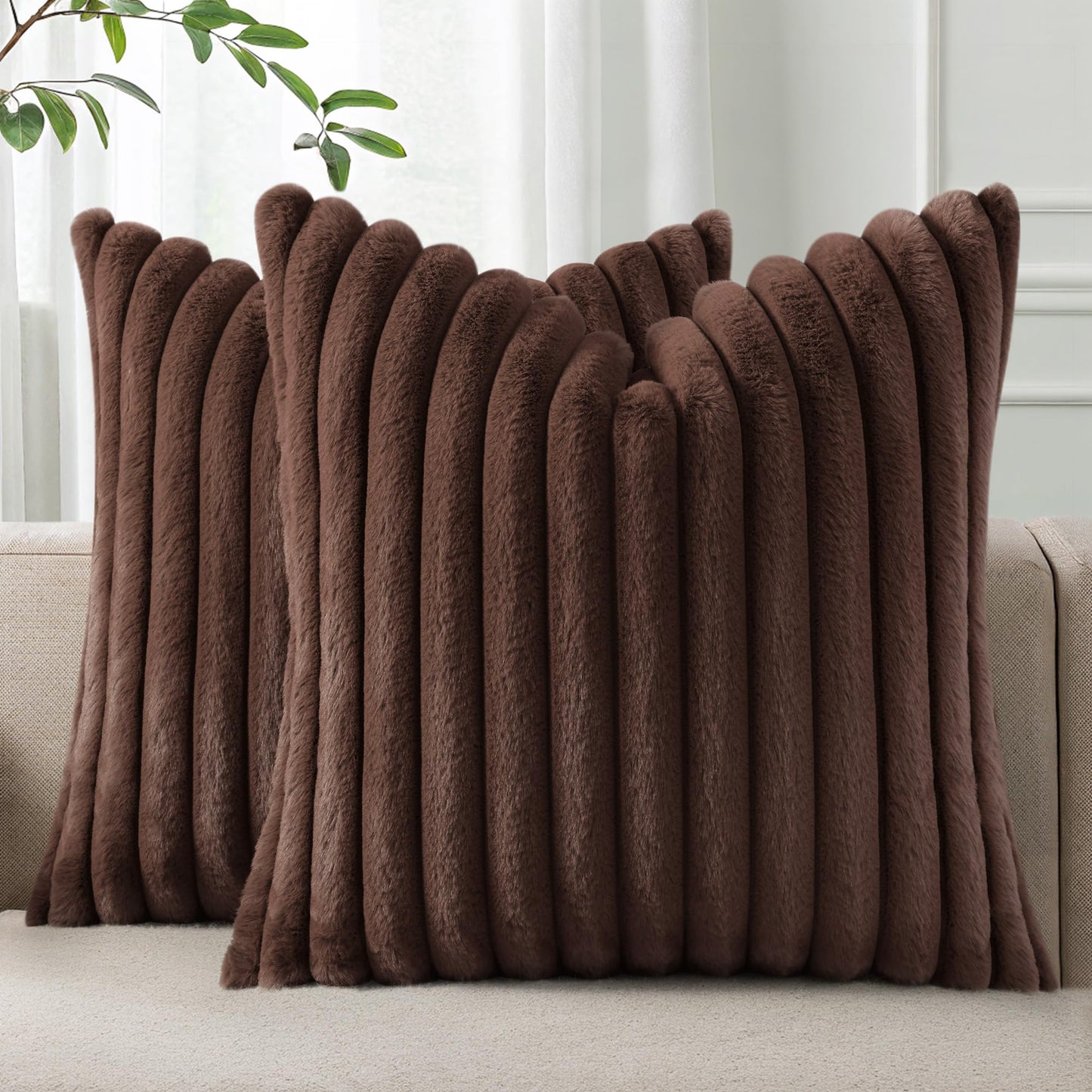 Pallene Faux Fur Decorative Throw Pillow Covers 18x18 Set of 2, Cream White | Luxury Plush Texture, Striped Design, Cozy Soft Touch, Modern Home Accent Decor for Couch, Sofa, Bed, Living Room