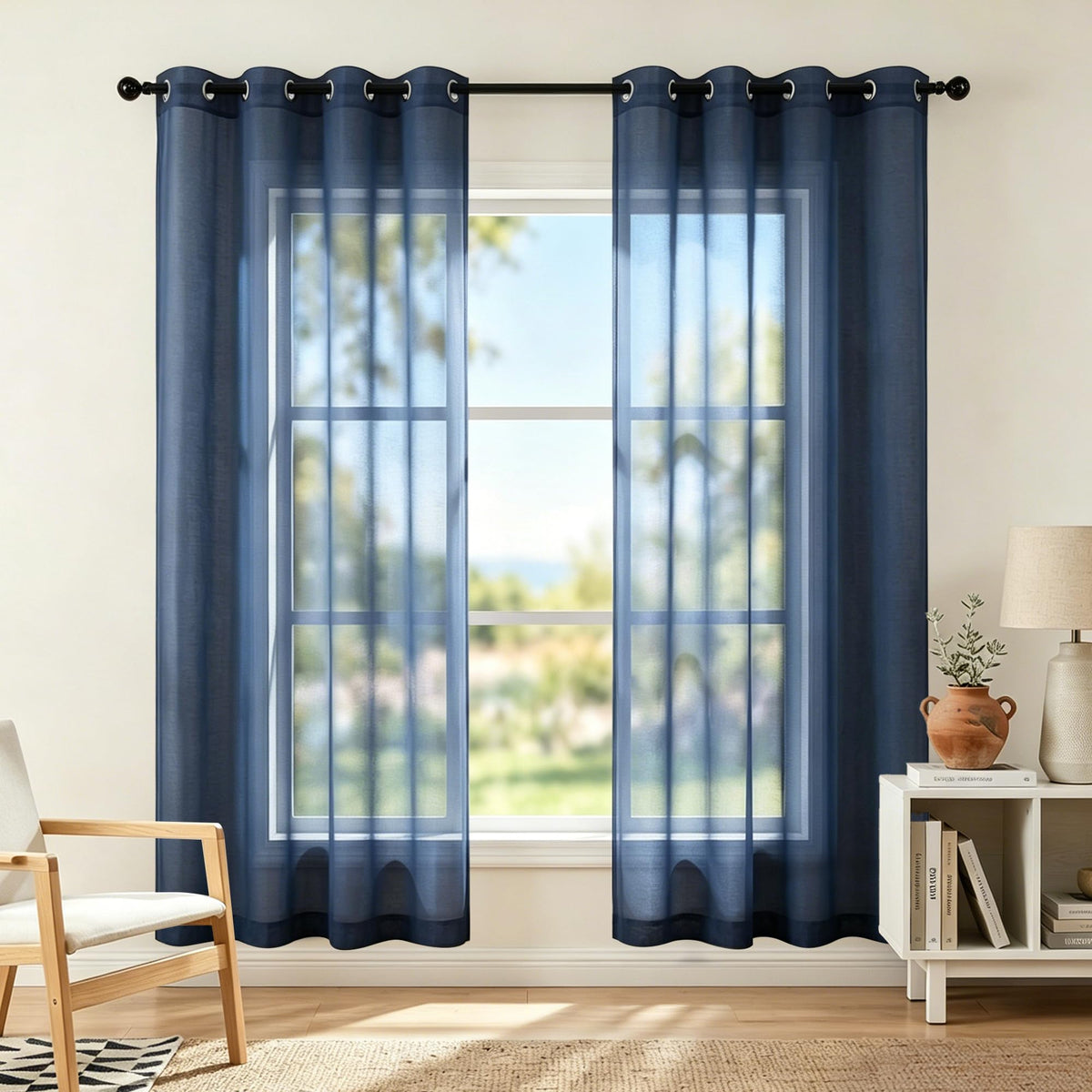 White Sheer Curtains 84 Inches Long Set 2 Panels Grommet Pair Faux Linen Semi Transparent Drape Tulle Gauze Voile Window Sheer Curtains for Bedroom Living Room Dining Wide 52 Length Solid Pack