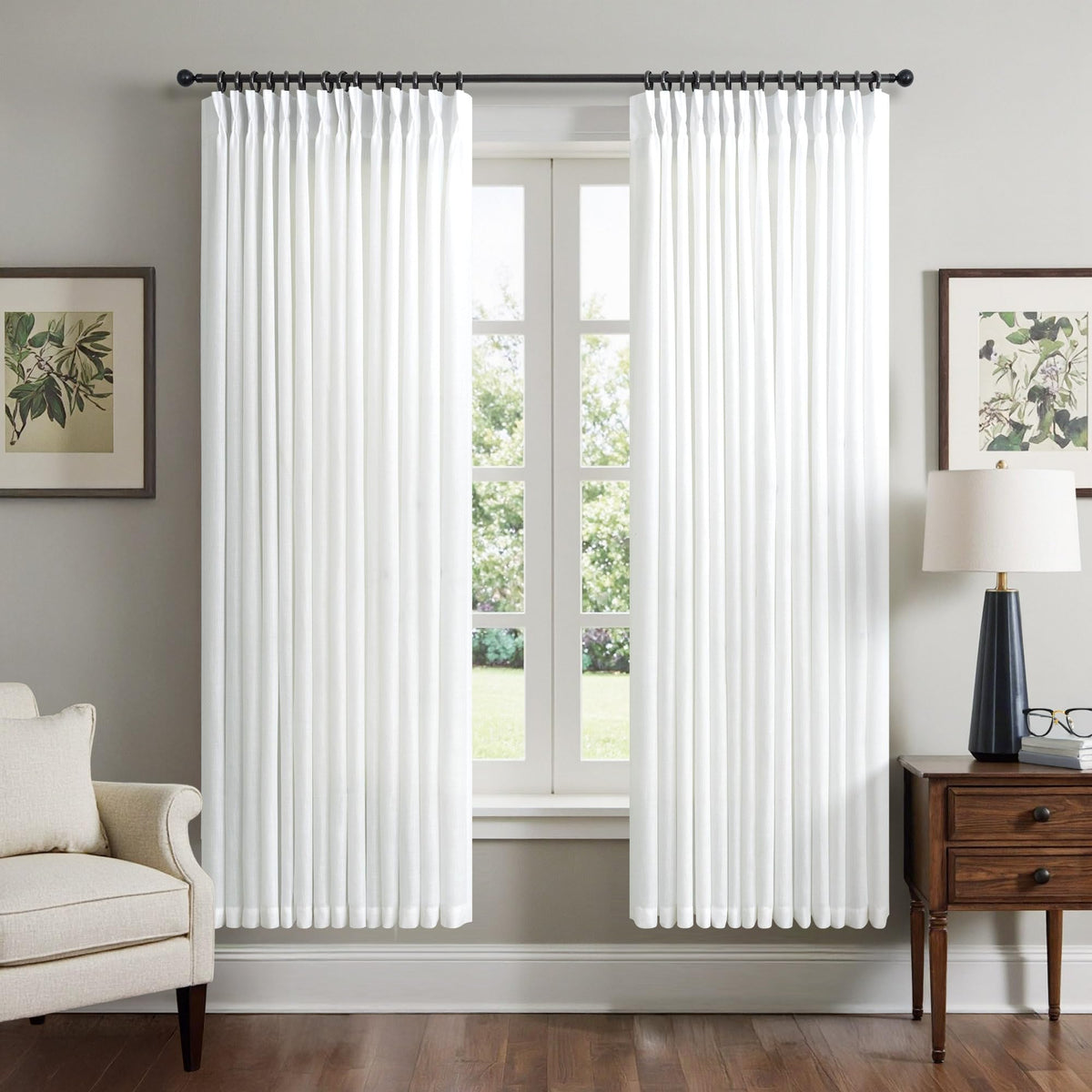White Linen Pleated Curtains 84 Inches Long for Bedroom Back Tab Light Filtering Sheer Pinch Pleat Drapes Hook Ring Modern Farmhouse Coastal Cotton Textured Gauze Curtain Living Room 84 Length 2 Panel