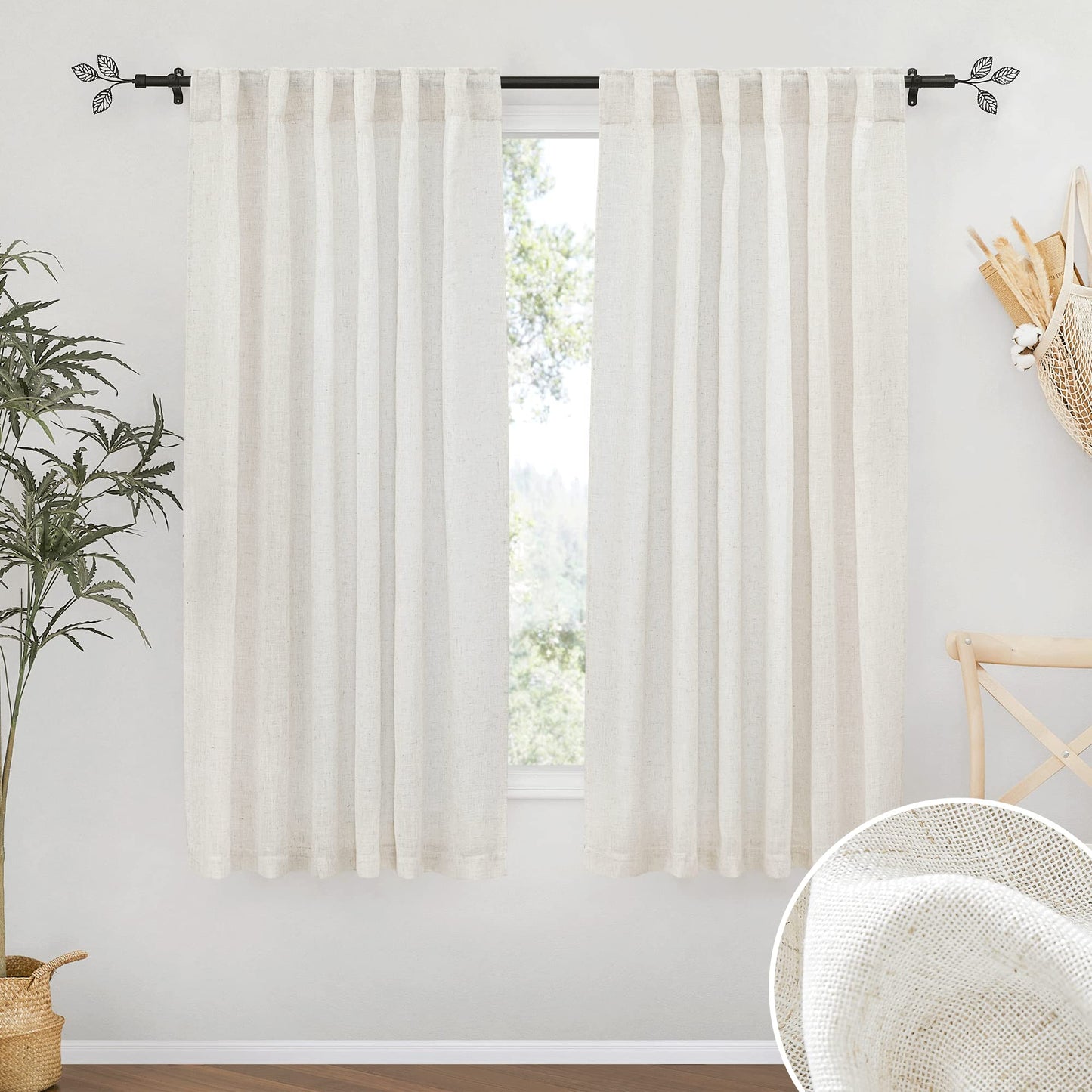 RYB HOME White Sheer Curtains for Living Room Patio Glass Door, W52 x L95 | Linen Texture, Light Filtering Privacy, Airy Translucent, Back Tab, Bedroom Office Balcony, W52 x L95, 2 Panels