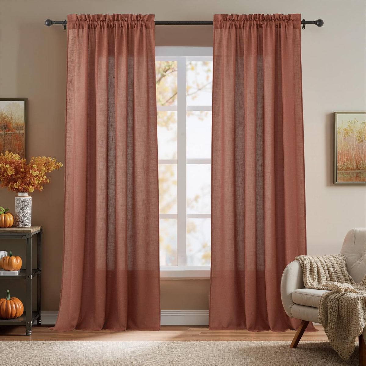 RYB HOME White Semi Sheer Curtains 84 inches Long for Living Room | Half Privacy, Linen Textured, Sheer Light Filtering, Vertical Window Drapes, for Bedroom Dining, White, W52 x L84, 2 Panels