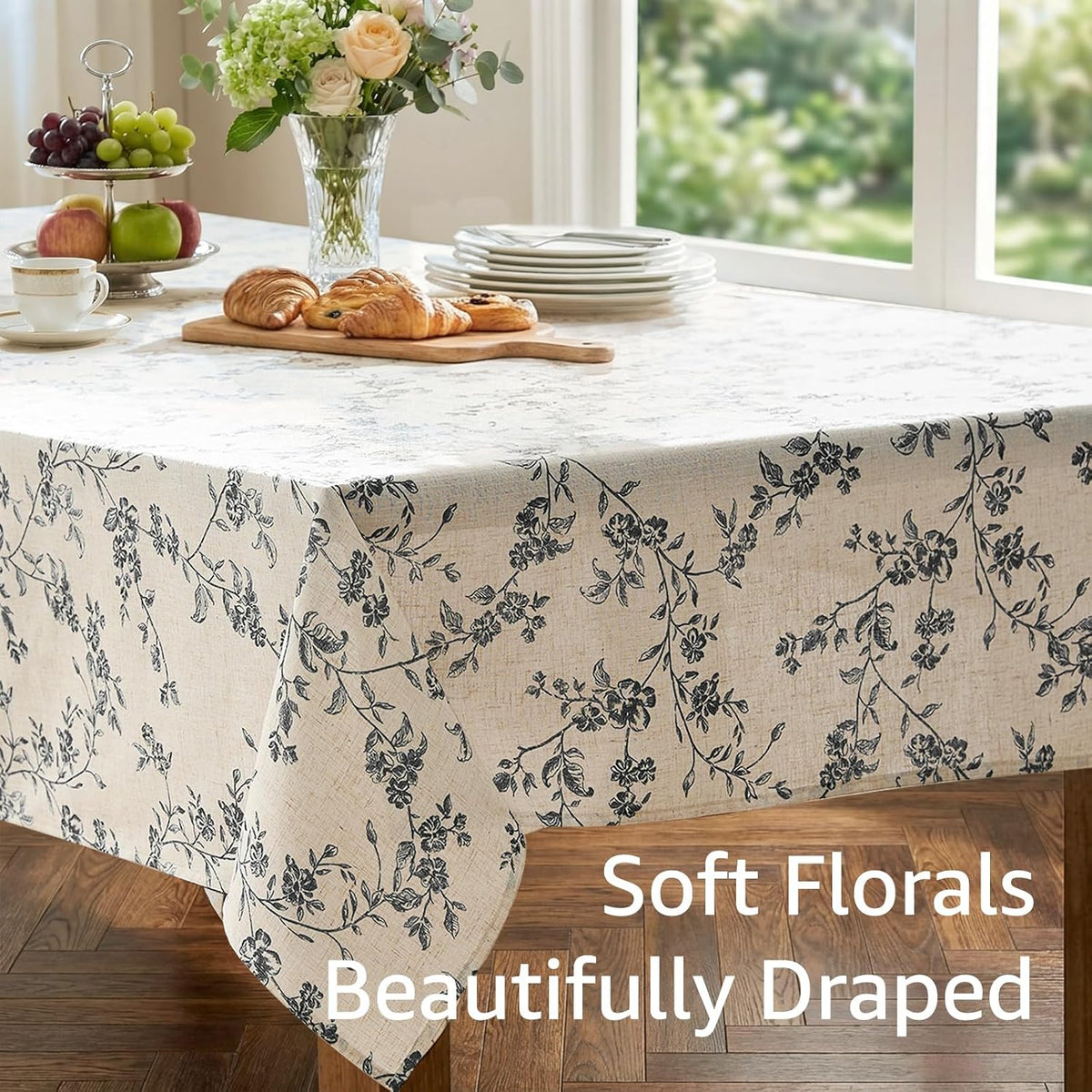 jinchan Black Farmhouse Floral Linen Rectangle Table Cloth 52 x 70 Inch | Traditional farmhouse florals create a versatile look for everyday dining and seasonal decorating.