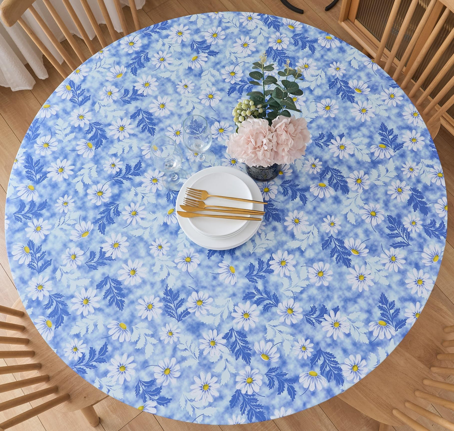 Pioggia Round Vinyl Fitted Tablecloth with Flannel Backing Elastic Table Cloth Waterproof Oil-Proof Plastic Table Cover Best for 45"-56" Round