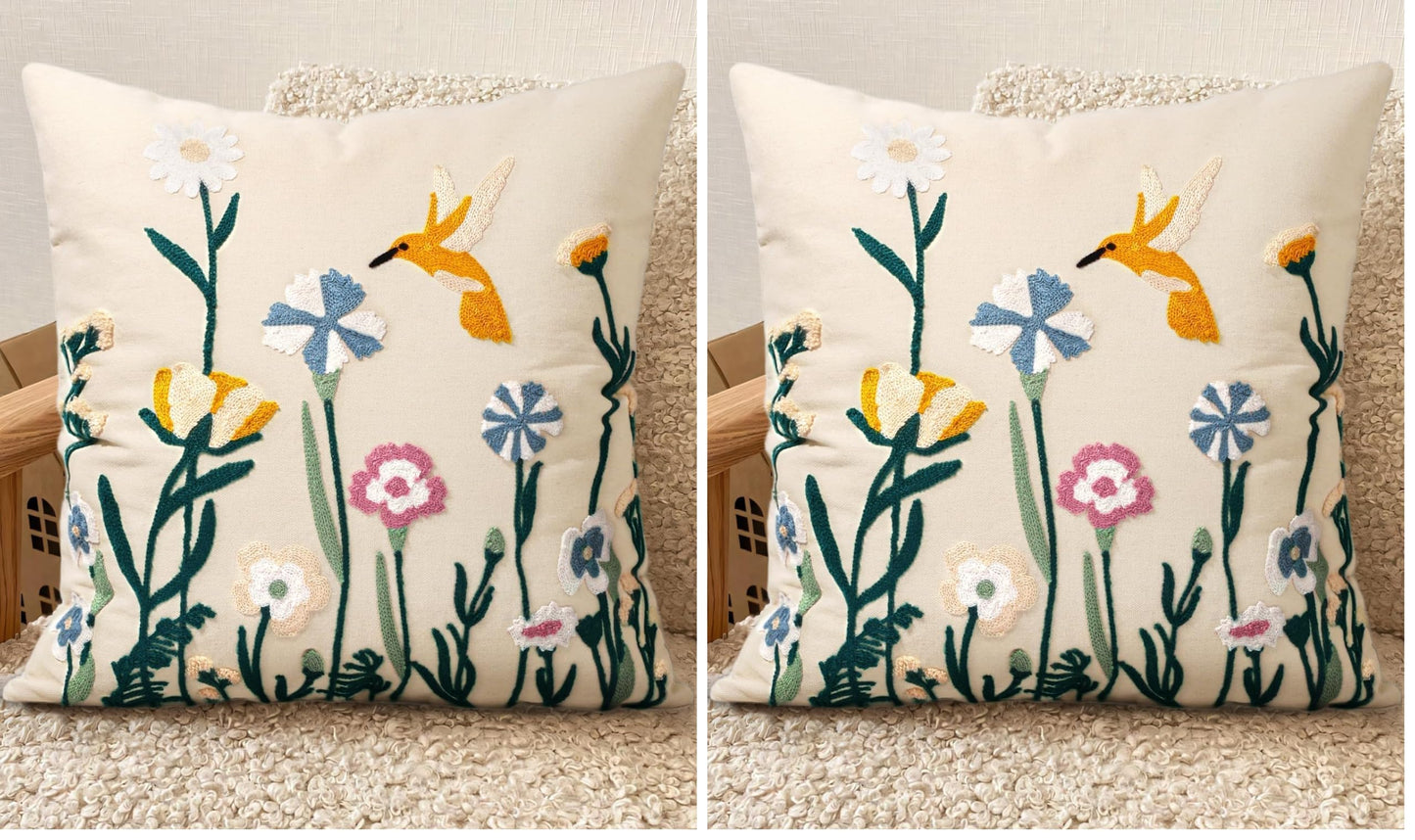 Embroidered Throw Pillow Cover 18x18 Inch, Flower Cluster | Decorative Pillow Cover, Floral Farmhouse Cushion Case with Hidden Zipper, Home Decor for Couch, Sofa, Living Room, Bedroom
