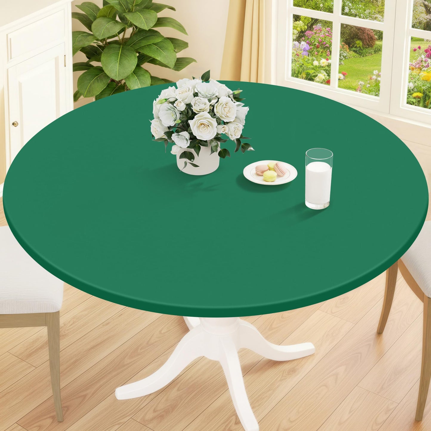 Smiry Round Picnic Tablecloth, Waterproof Elastic Fitted Table Covers for 45" - 56" Tables, Wipeable Flannel Backed Vinyl Tablecloths for Camping, Indoor, Outdoor, Grey & White