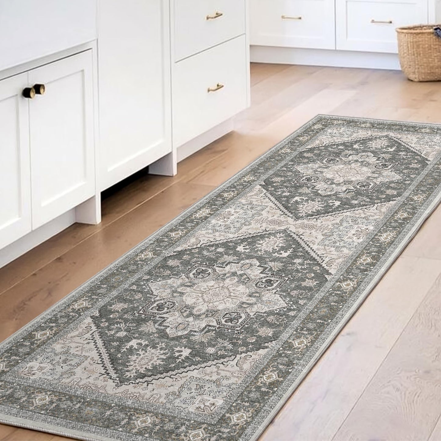 OPPODREAM Soft Area Rugs 5x7, Persian-Inspired Washable Rug, Blue & Gold | Low-Pile Faux Cashmere Surface, TPR Non-Slip Backing, 5 x 7 Carpet for Bedroom, Office, Dorm, Dining Room
