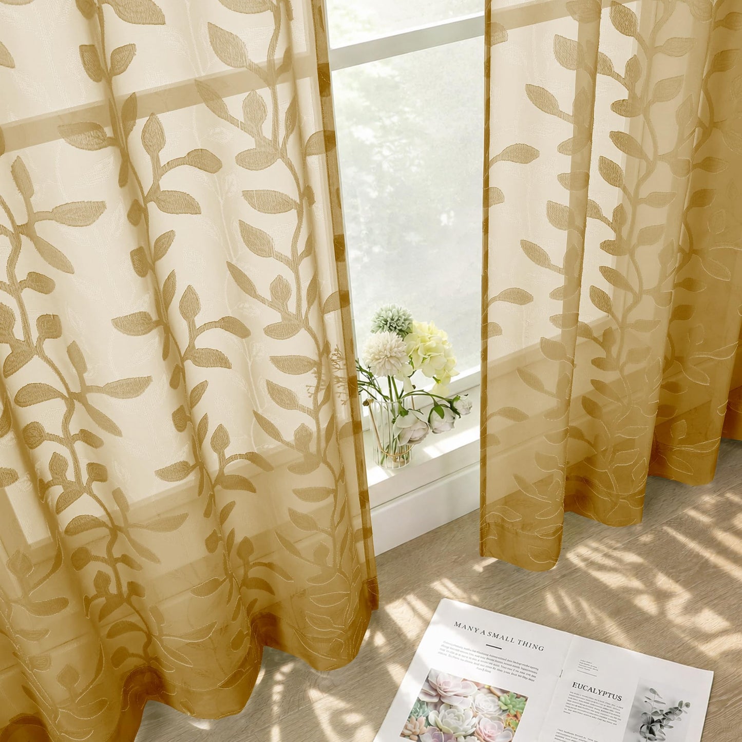 White Sheer Curtains 84 Inches Long - Light Filtering Leaf Jacquard Textured Semi Sheer Curtains, Rod Pocket Drapes for Living Room Bedroom 2 Panels Set, 2x37Wx84L Inches