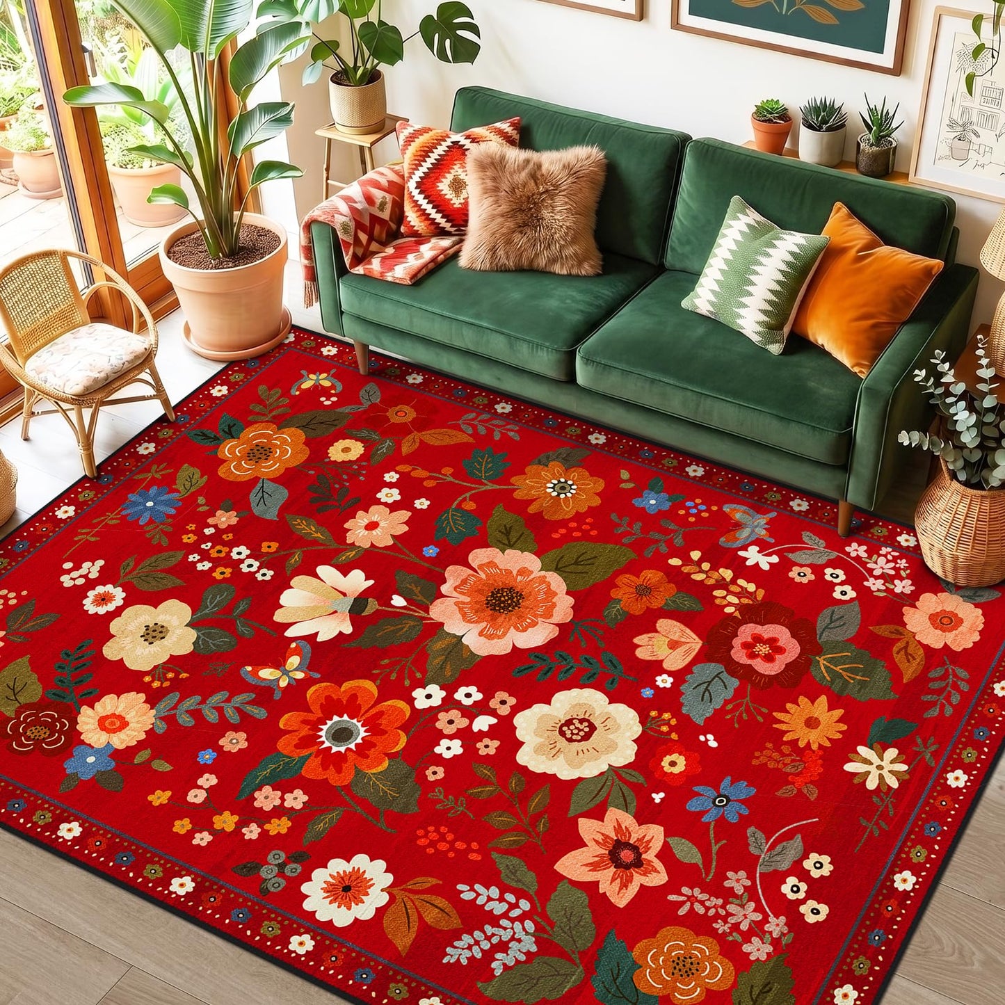 RELEANY Floral Washable 5x7 Area Rugs Beige/White/Orange | Flower Carpet, Print, Boho, Non-Slip, Easy to Clean, Soft, Low Pile for Living Room Bedroom Kitchen Office Entryway Hallway