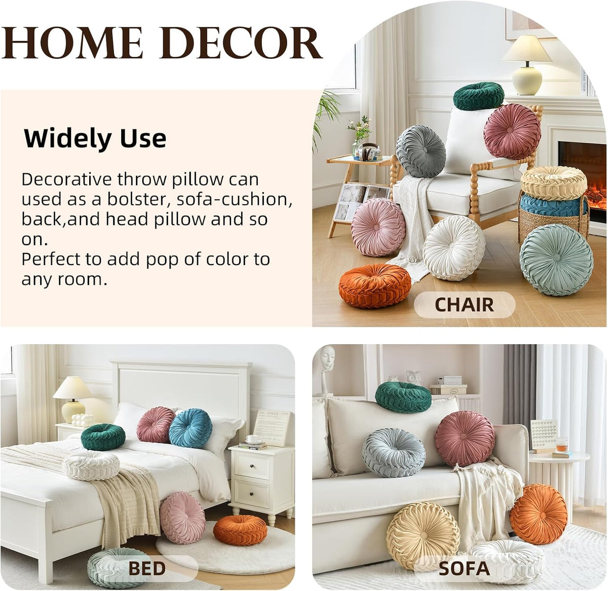 Teieas Round Throw Pillow Velvet Home Decoration Pleated Round Pillow Cushion for Couch Chair Bed Car Orange