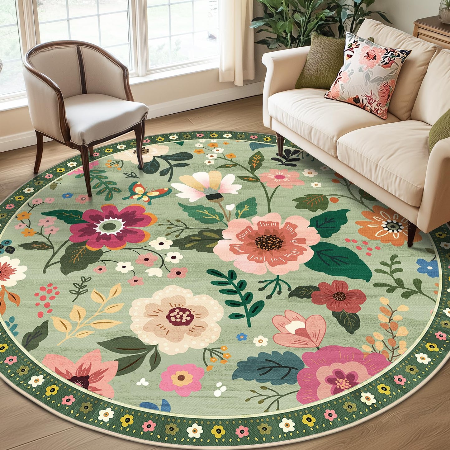 RELEANY Floral Washable 5x7 Area Rugs Black | Flower Carpet, Print, Boho, Non-Slip, Easy to Clean, Soft, Low Pile for Living Room Bedroom Kitchen Office Entryway Hallway