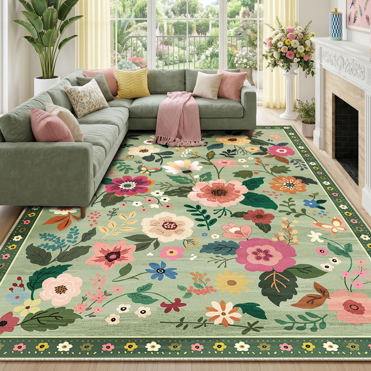RELEANY Floral Washable 5x7 Area Rugs Beige/White/Orange | Flower Carpet, Print, Boho, Non-Slip, Easy to Clean, Soft, Low Pile for Living Room Bedroom Kitchen Office Entryway Hallway