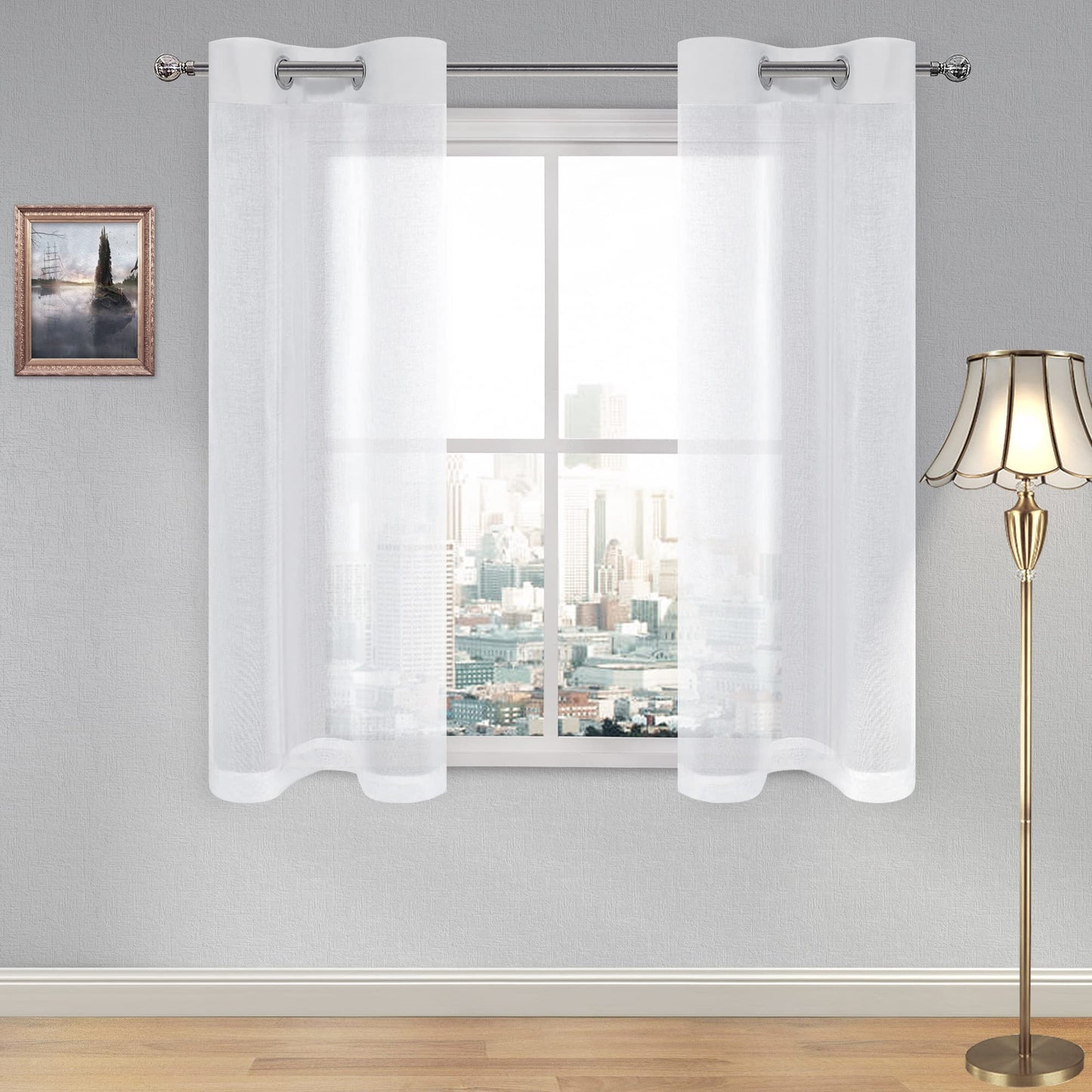 DWCN White Sheer Curtains Linen Look Semi Transparent Voile Grommet White Curtains for Living Dining Room Drapes 52 x 84 Inch Long, Set of 2 Panels
