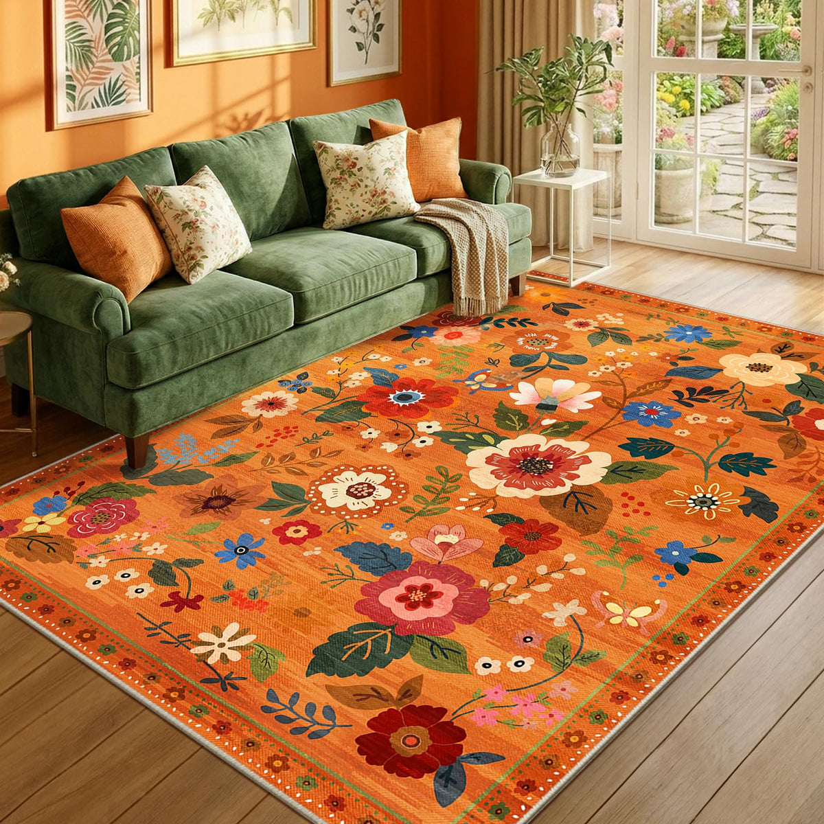 RELEANY Floral Washable 5x7 Area Rugs Black | Flower Carpet, Print, Boho, Non-Slip, Easy to Clean, Soft, Low Pile for Living Room Bedroom Kitchen Office Entryway Hallway