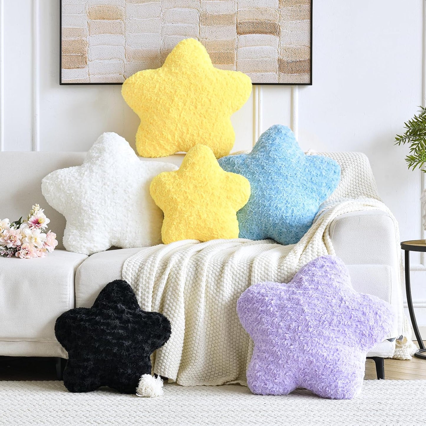 Star Pillow, 14.9" Star Shaped Plush Pillow for Couch Bed Sofa, Cute Decorative Throw Pillows with Soft Faux Fur Room Decor for Bedroom Living Room (White)