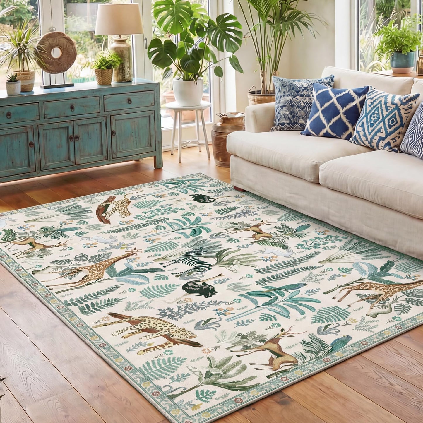 OPPODREAM Soft Area Rugs 5x7, Persian-Inspired Washable Rug, Blue & Gold | Low-Pile Faux Cashmere Surface, TPR Non-Slip Backing, 5 x 7 Carpet for Bedroom, Office, Dorm, Dining Room