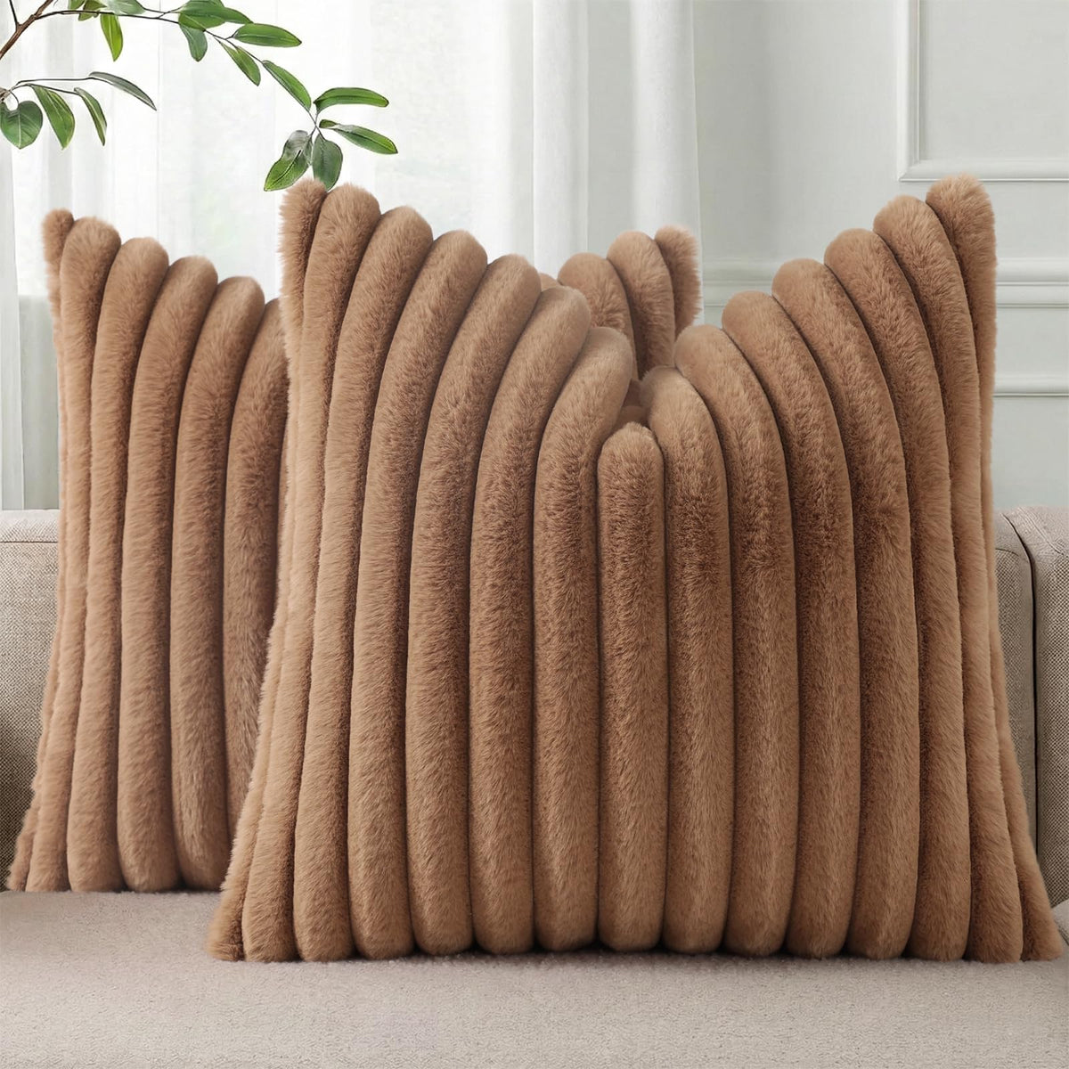Pallene Faux Fur Decorative Throw Pillow Covers 18x18 Set of 2, Cream White | Luxury Plush Texture, Striped Design, Cozy Soft Touch, Modern Home Accent Decor for Couch, Sofa, Bed, Living Room