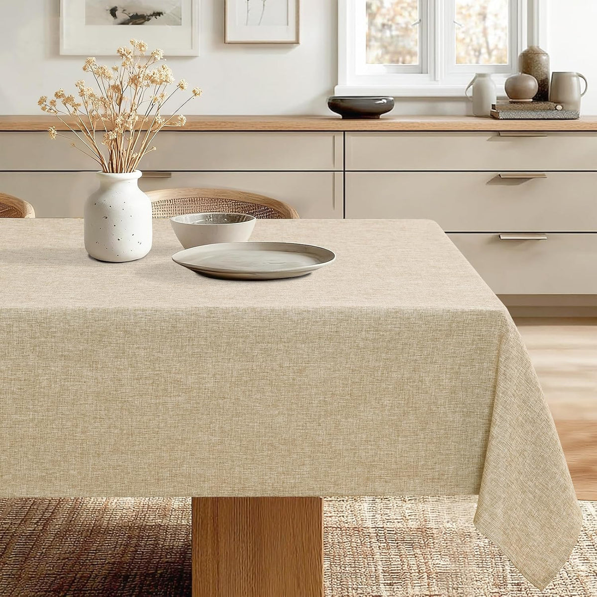 JIUZHEN Rectangle Table Cloth Faux Linen Farmhouse Tablecloth, Wrinkle and Stain Resistant Decorative Fabric Rectangular Spring Table Cover for Dining/Party/Birthday/Wedding, Beige, 54 x 80 Inch