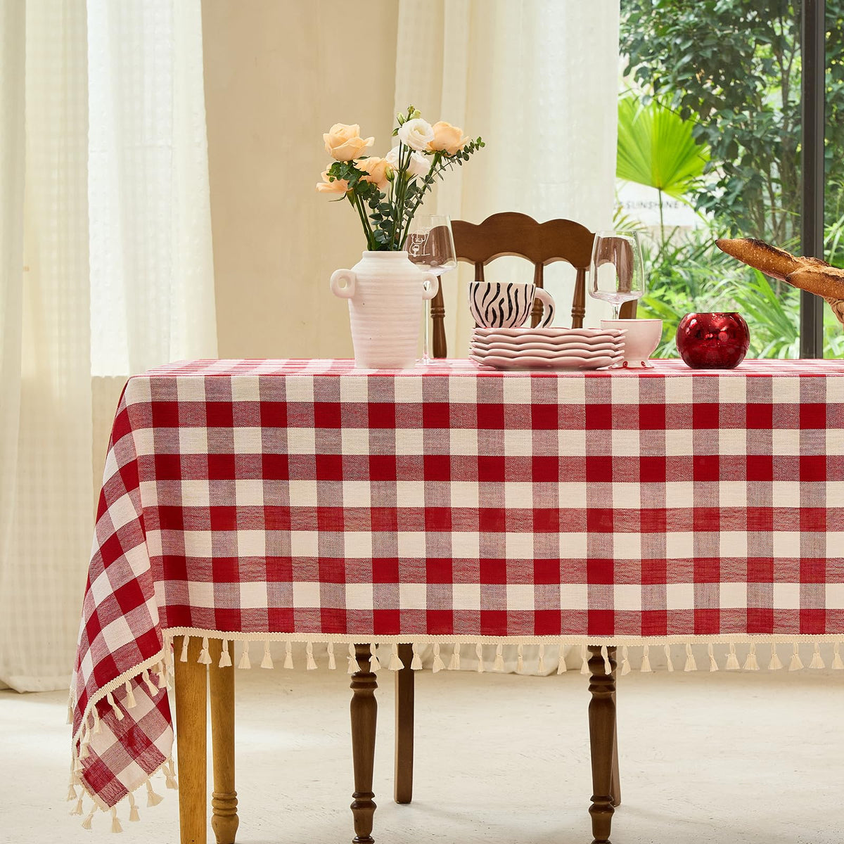 Midsummer Breeze Country Garden Green Gingham Tablecloth Rectangle 55”x84” | tassel, spring, easter, summer, picnic, outdoor, checkered, fresh, camping, Christmas, washable, wrinkle free, reusable