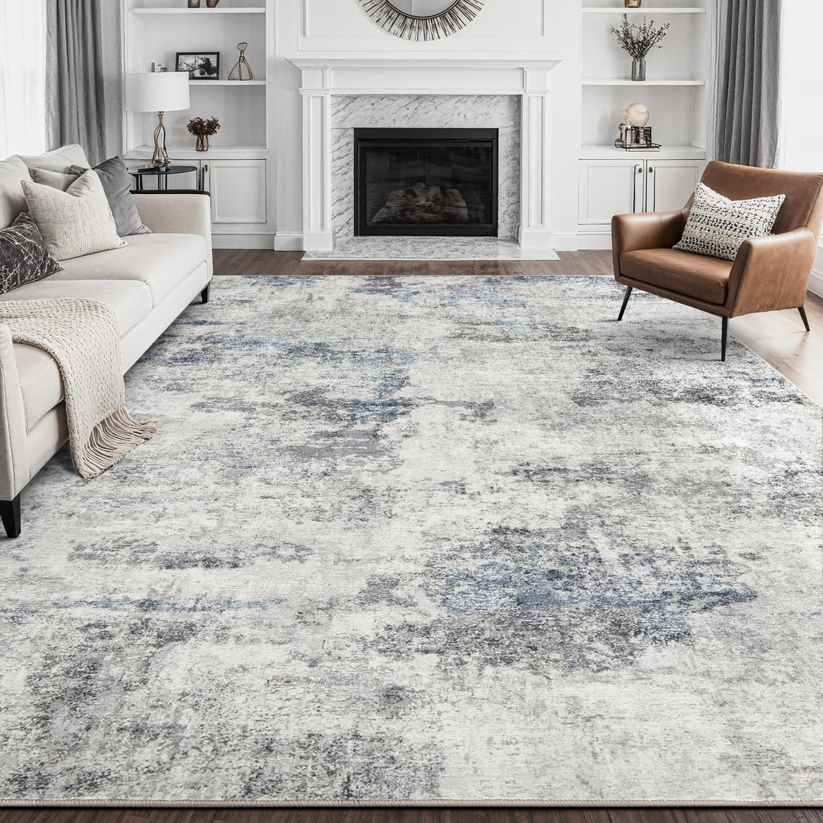 DMOYEST 8x10 Area Rug for Living Room Washable Abstract Indoor Carpet | Neutral Modern Low Pile Rugs Kid & Pet Friendly Large Soft Thin Carpet for Bedroom Dining Room - Grey Blue