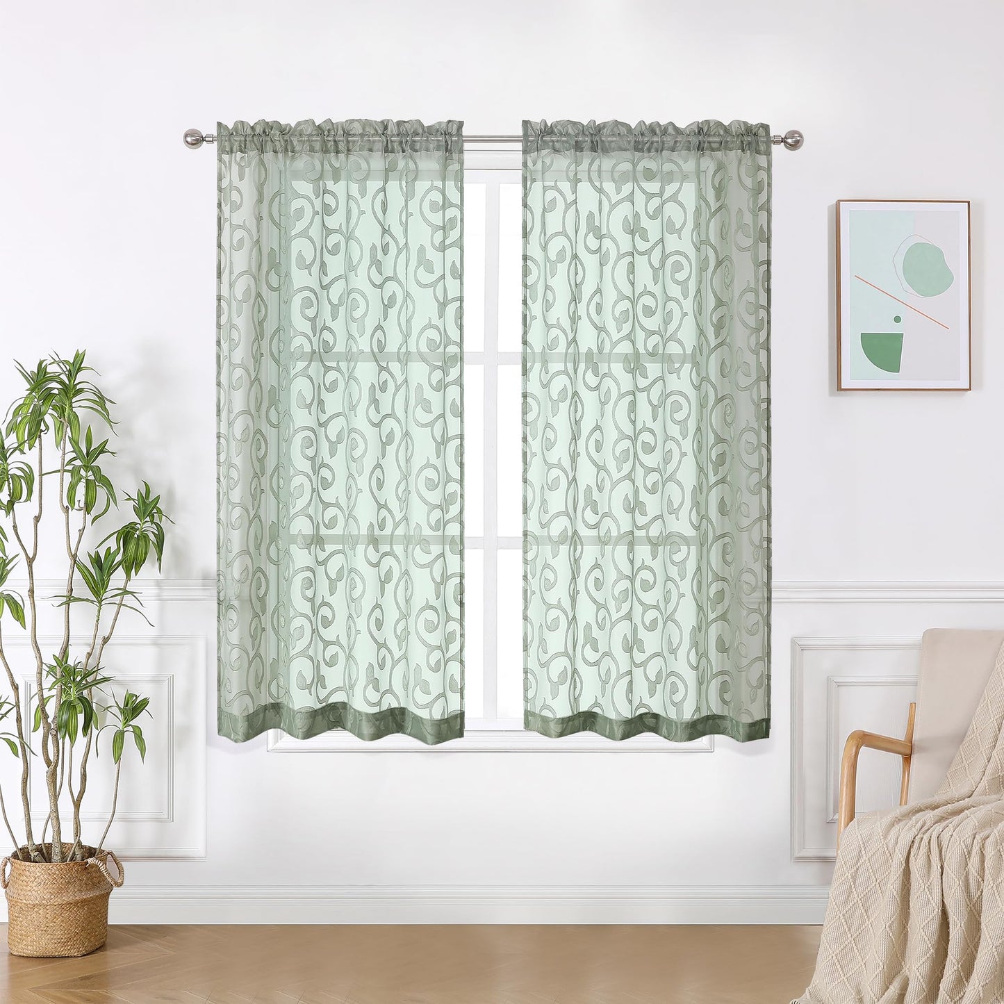 Furman Ivory Sheer Curtains 84 inches Long for Bedroom Living Room 2 Panels Set, Jacquard Clip Light Filtering Semi Sheer Curtain Rod Pocket Window Drapes, 2 Pcs Each 40 W 84 L
