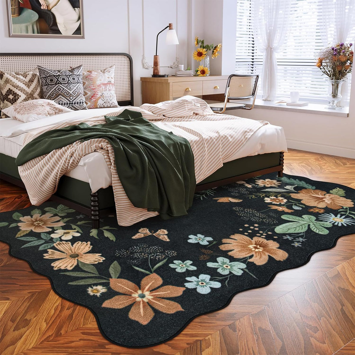 Lahome Floral Rugs for Living Room, 5x7 Area Rugs Ultra-Thin Soft Washable Rug, Non-Slip Bedroom Rug Stain Resistant Boho Flore Carpet for ‎Dining Room Office (5x7ft,Black/Grey)