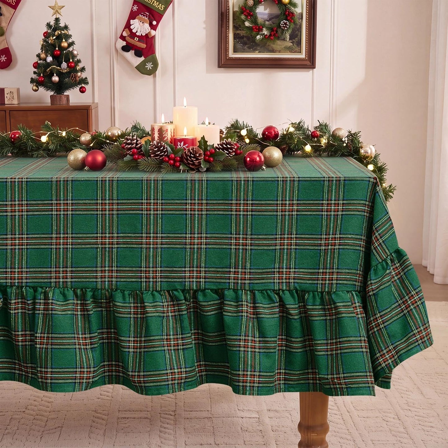 Romanstile Gingham Ruffled Tablecloth Rectangle, 60 x 84 Inch, Sage Green | Waterproof Checkered Table Cloth, Polyester-cotton, Farmhouse Plaid Table Cover for Outdoor, Picnic, Camping, Party