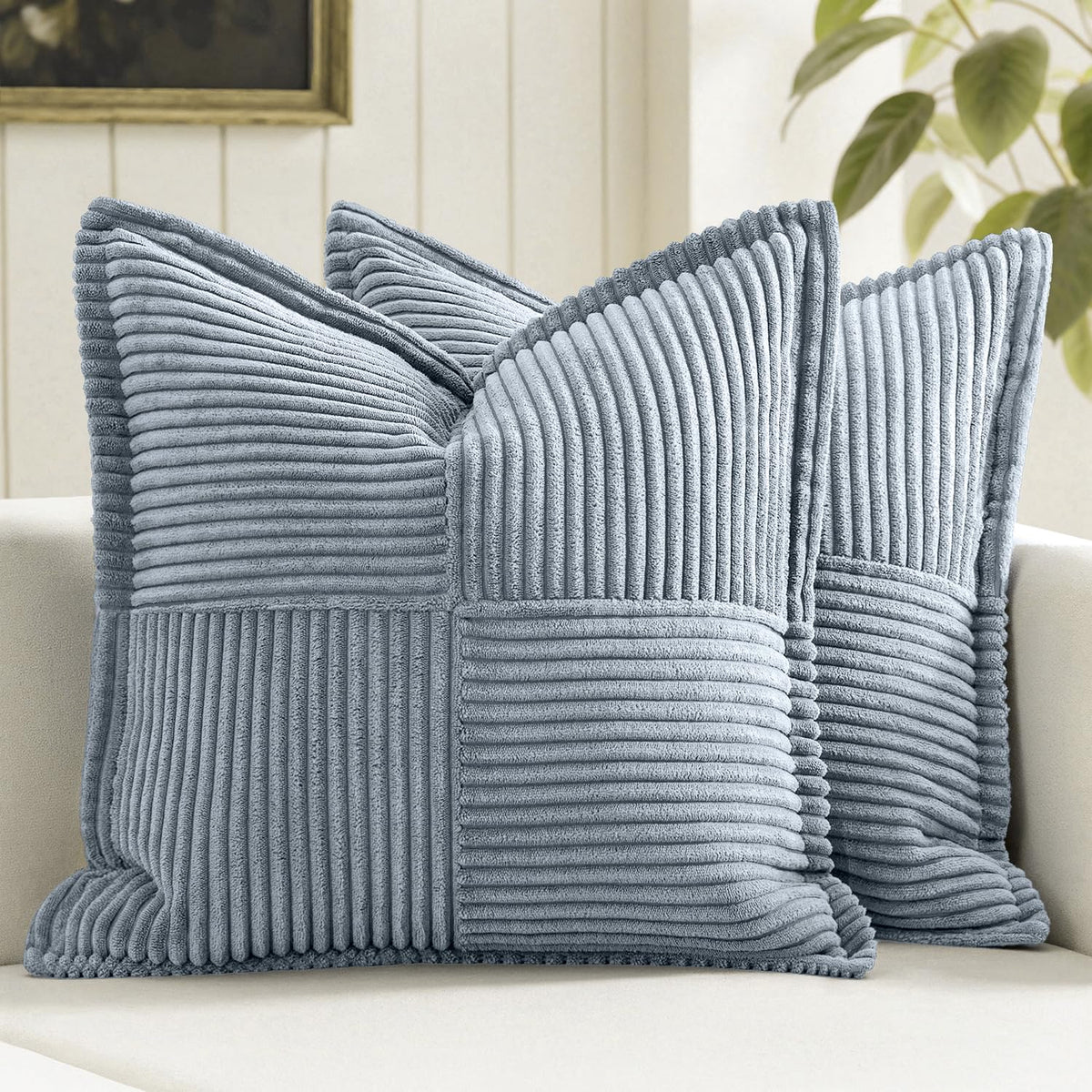 MIULEE Decorative Throw Pillow Covers for Couch 18x18 Inch Beige 2 Pack | Boho Broadside Striped Patchwork Pillow Covers, Soft Corduroy Cushion Cases, For Sofa Bed Livingroom Home Decor