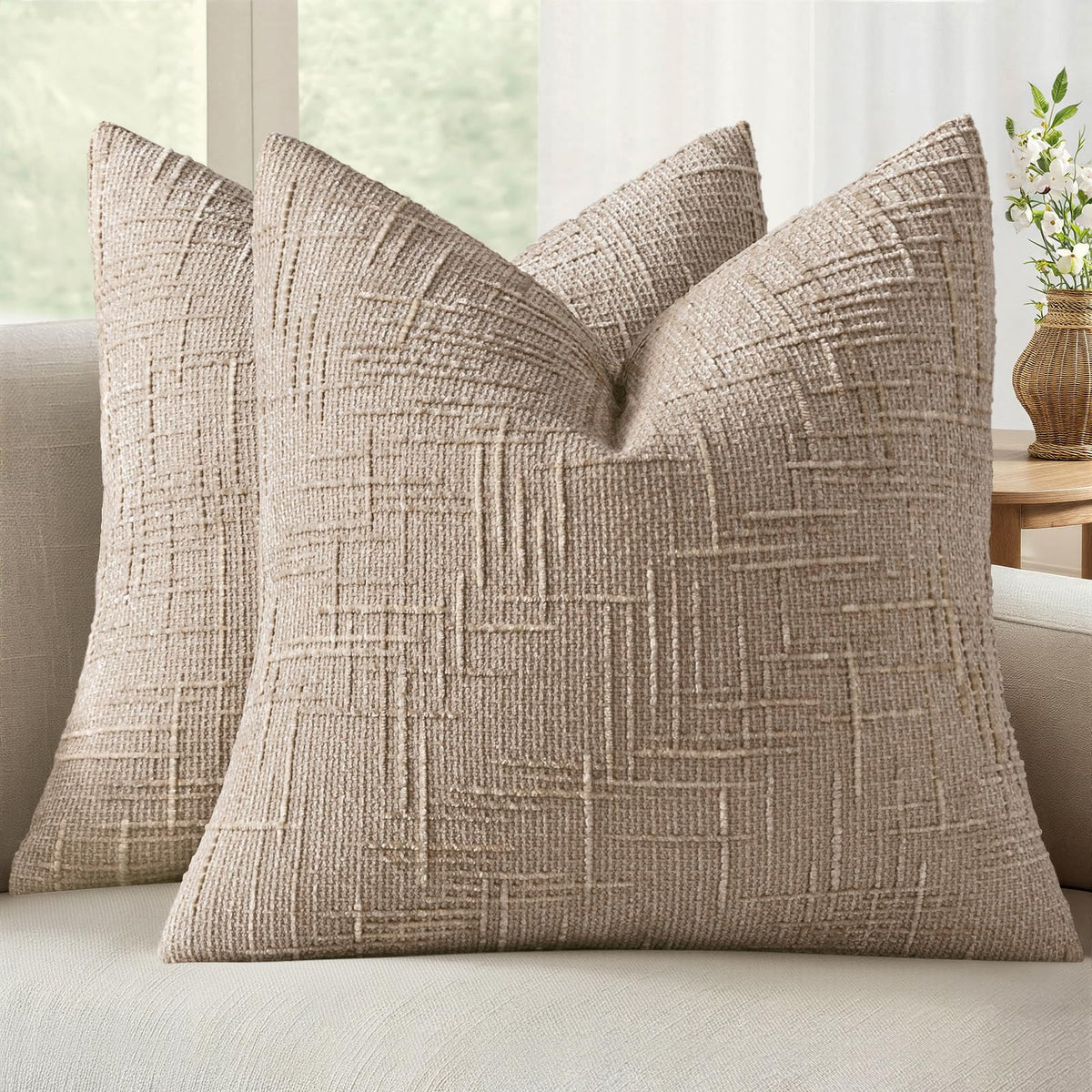 MIULEE Chenille Textured Throw Pillow Covers Cream White 18x18 Set of 2 | Slubby Decorative Pillows, Boho Farmhouse Home Decor, Modern Neutral Cushion Covers for Couch Sofa Bed Living Room