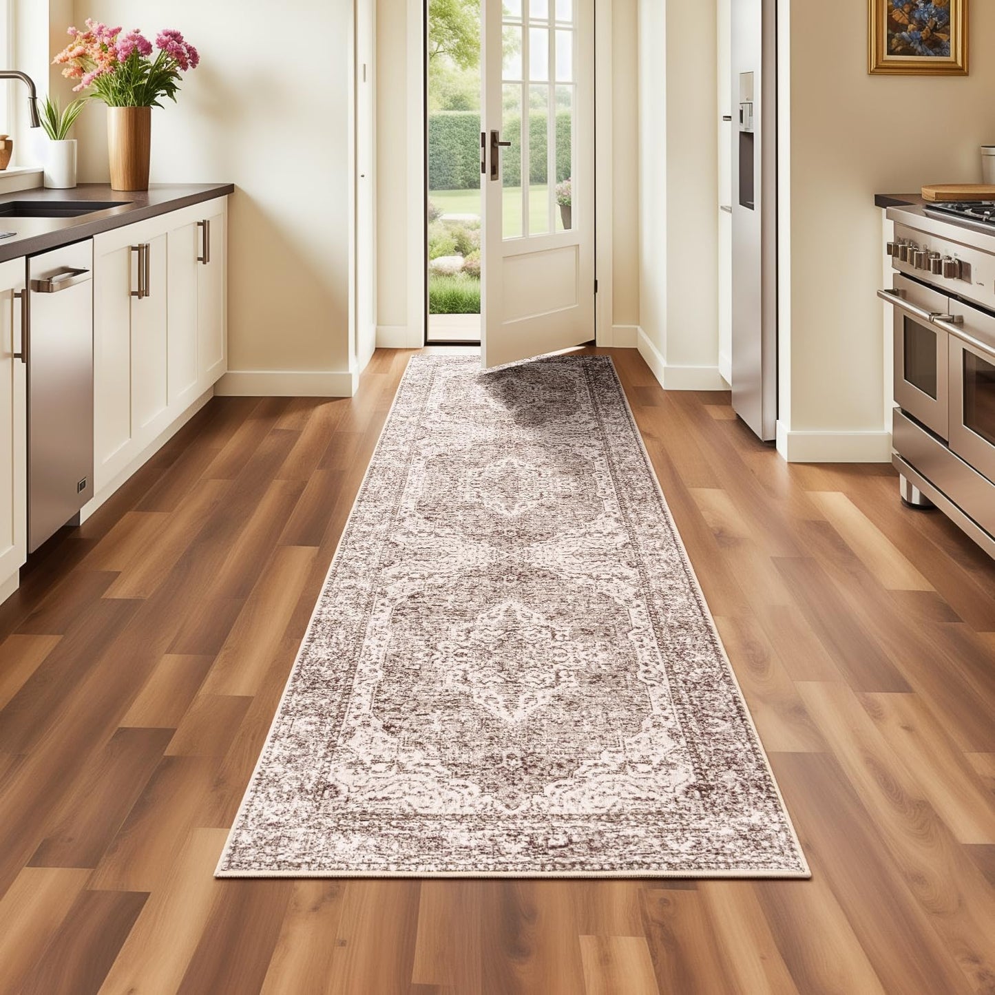 Lofus 5x7 Area Rugs for Living Room Bedroom, Soft Boho Carpet Floral Brown | High-Power Vacuuming, Non-Slip, Low Pile, Stain & Water Repellent, Soft, Skin-Friendly, for Kitchen Entryway Office