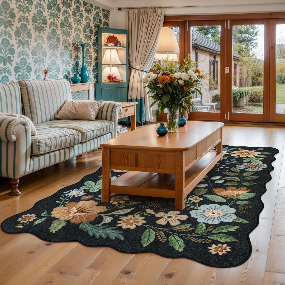 Lahome Floral Rugs for Living Room, 5x7 Area Rugs Ultra-Thin Soft Washable Rug, Non-Slip Bedroom Rug Stain Resistant Boho Flore Carpet for ‎Dining Room Office (5x7ft,Black/Grey)