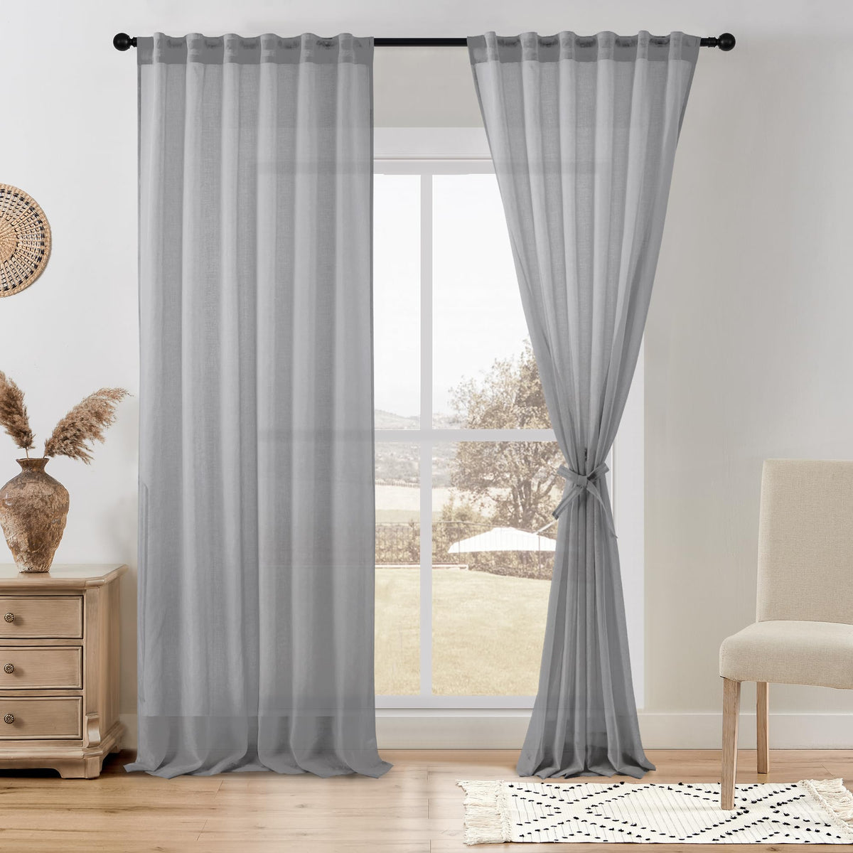 DWCN White Faux Linen Sheer Curtains, 2 Panels, 52x84 Inch | Faux Linen Textured Curtains with Rod Pocket & Back Tab, Semi Voile Light Airy Gauzy Privacy Drapes for Living Room Bedroom