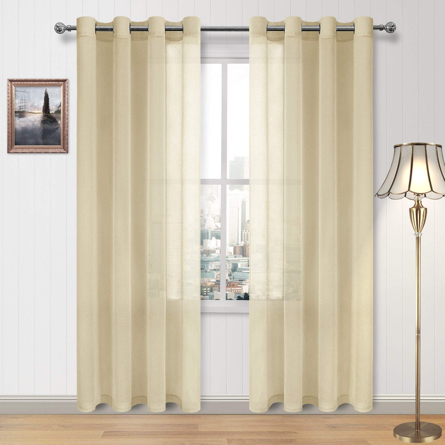 DWCN White Sheer Curtains Linen Look Semi Transparent Voile Grommet White Curtains for Living Dining Room Drapes 52 x 84 Inch Long, Set of 2 Panels