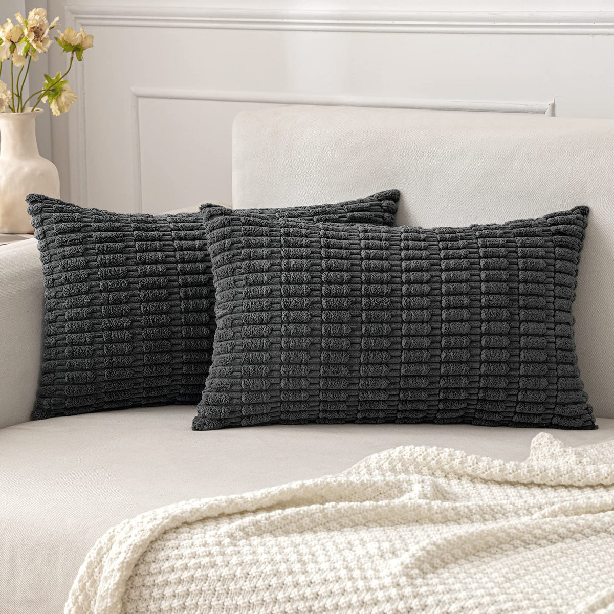 MIULEE Corduroy Decorative Throw Pillow Covers 18x18 Cream White Pack of 2 | Soft Boho Striped Pillow Covers Modern Farmhouse Home Decor For Sofa Living Room Couch Bed