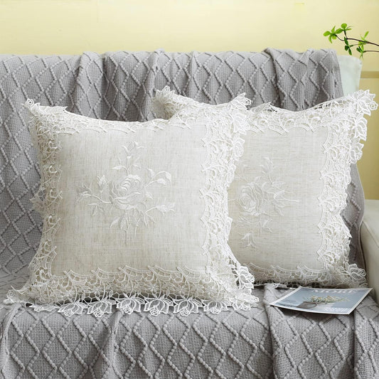 2 Pack Embroidered Spring Floral Throw Pillow Cover 18x18 inches, Farmhouse Off White Rose Lace Linen Blended Pillow Shams, Decorative (White Rose, Linen Blended)