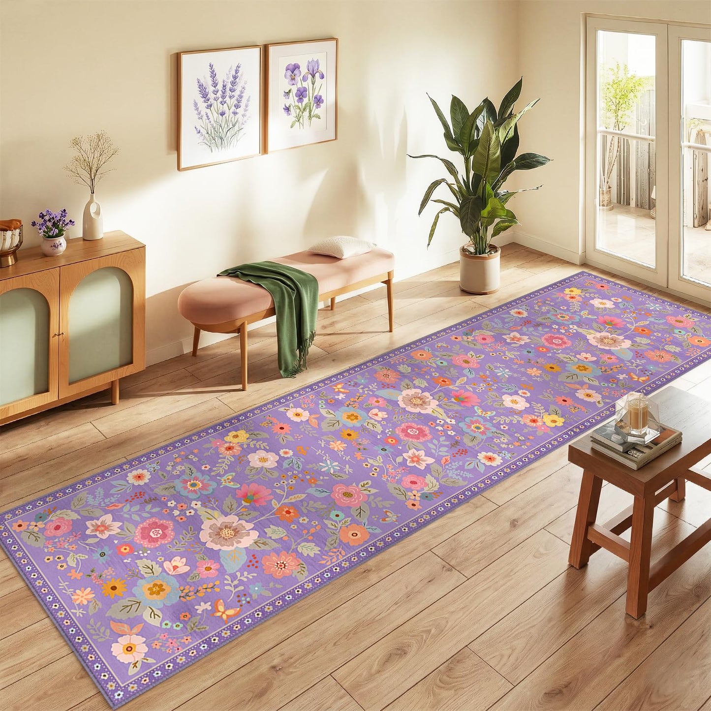 RELEANY Floral Washable 5x7 Area Rugs Black | Flower Carpet, Print, Boho, Non-Slip, Easy to Clean, Soft, Low Pile for Living Room Bedroom Kitchen Office Entryway Hallway