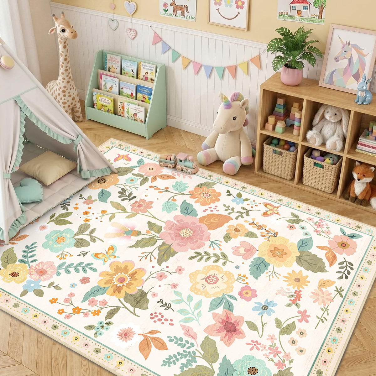 RELEANY Floral Washable 5x7 Area Rugs Black | Flower Carpet, Print, Boho, Non-Slip, Easy to Clean, Soft, Low Pile for Living Room Bedroom Kitchen Office Entryway Hallway