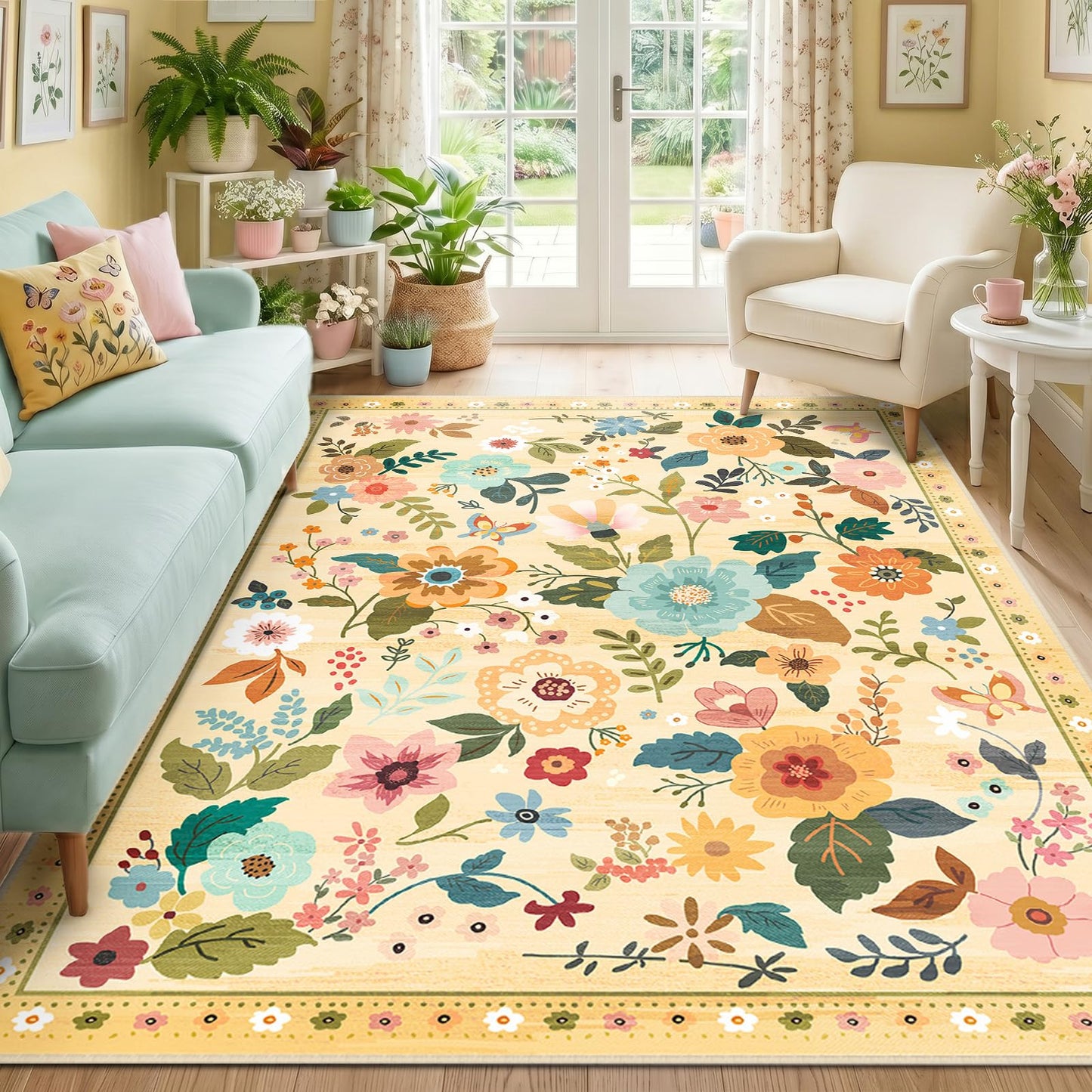 RELEANY Floral Washable 5x7 Area Rugs Beige/White/Orange | Flower Carpet, Print, Boho, Non-Slip, Easy to Clean, Soft, Low Pile for Living Room Bedroom Kitchen Office Entryway Hallway
