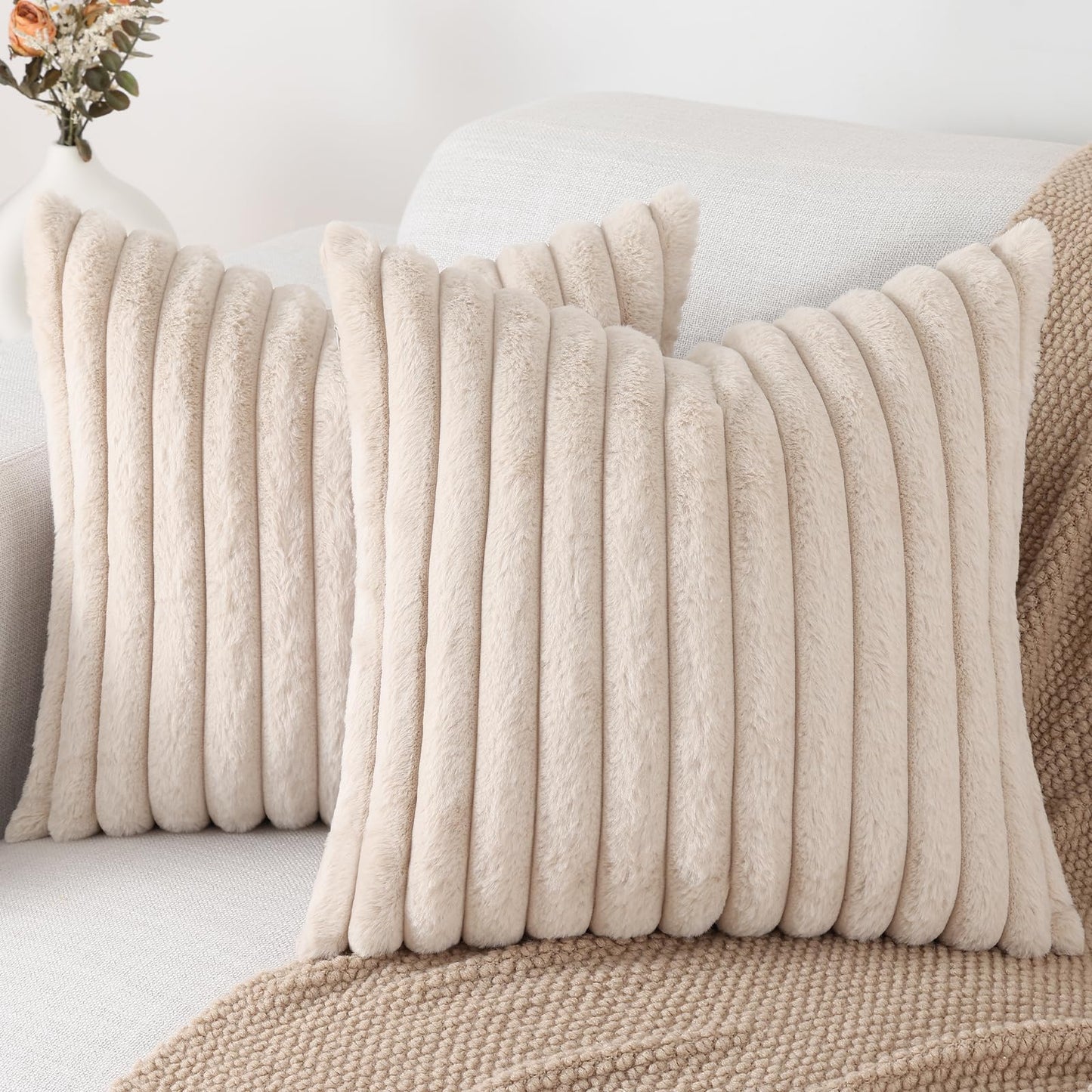Pallene Faux Fur Decorative Throw Pillow Covers 18x18 Set of 2, Cream White | Luxury Plush Texture, Striped Design, Cozy Soft Touch, Modern Home Accent Decor for Couch, Sofa, Bed, Living Room