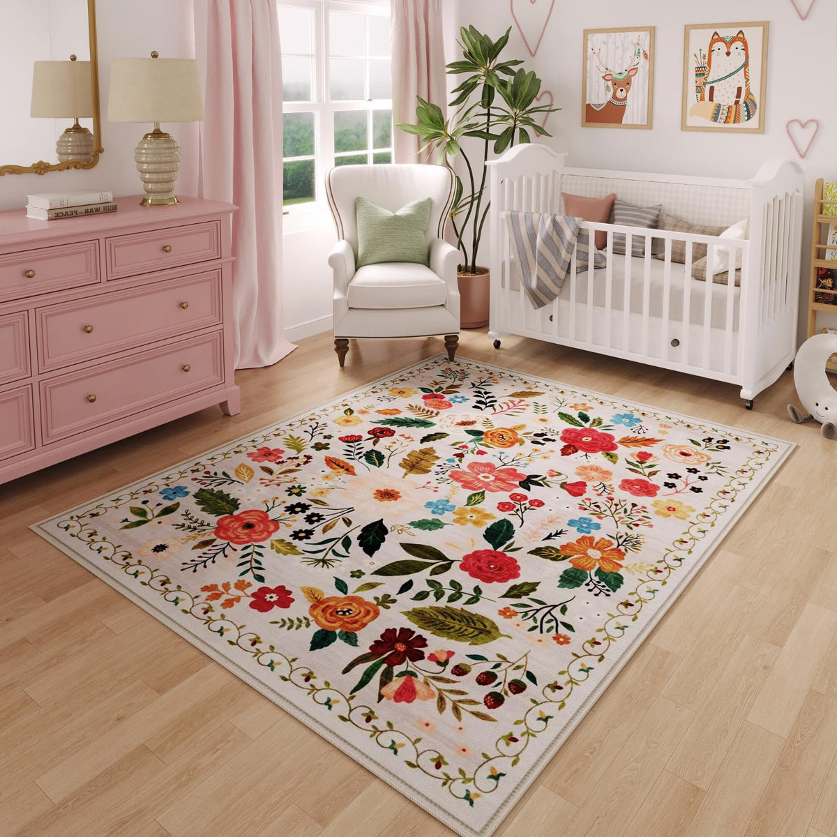 Rugcomf Living Room Rug 5x7 Rug Machine Washable Boho Area Rug Non Slip Floral Vintage Low Pile Large Rugs for Living Room, Bedroom, Farmhouse, Dining Room, Kids Playroom(Black)