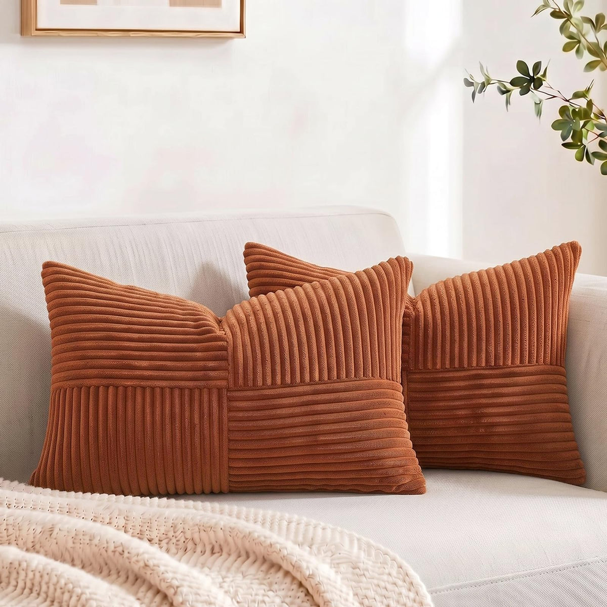 Fancy Homi 2 Packs Rust Boho Decorative Throw Pillow Covers 18x18 Inch for Couch Bed Sofa, Farmhouse Fall Home Decor, Soft Corss Corduroy Patchwork Textured Terracotta Accent Cushion Case 45x45 cm