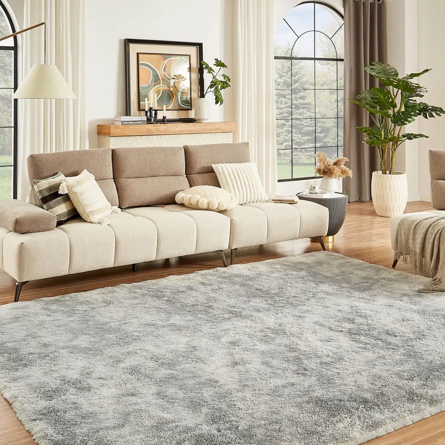 Floralux Rugs for Living Room, 6x9 Large Shag Area Rug, Tie-Dyed Light Grey Soft Fluffy Carpets for Bedroom