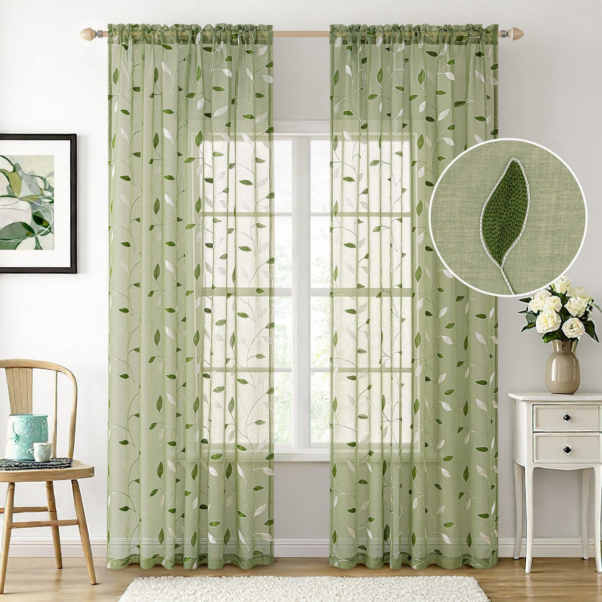 MIULEE Sage Green Sheer Curtains 2 Panels Leaf Patterned, W52 x L84 | Embroidered Floral Semi Sheer,Rod Pocket,Faux Linen,Short Window Curtains Drapes Set for Kitchen/Bathroom/Cafe