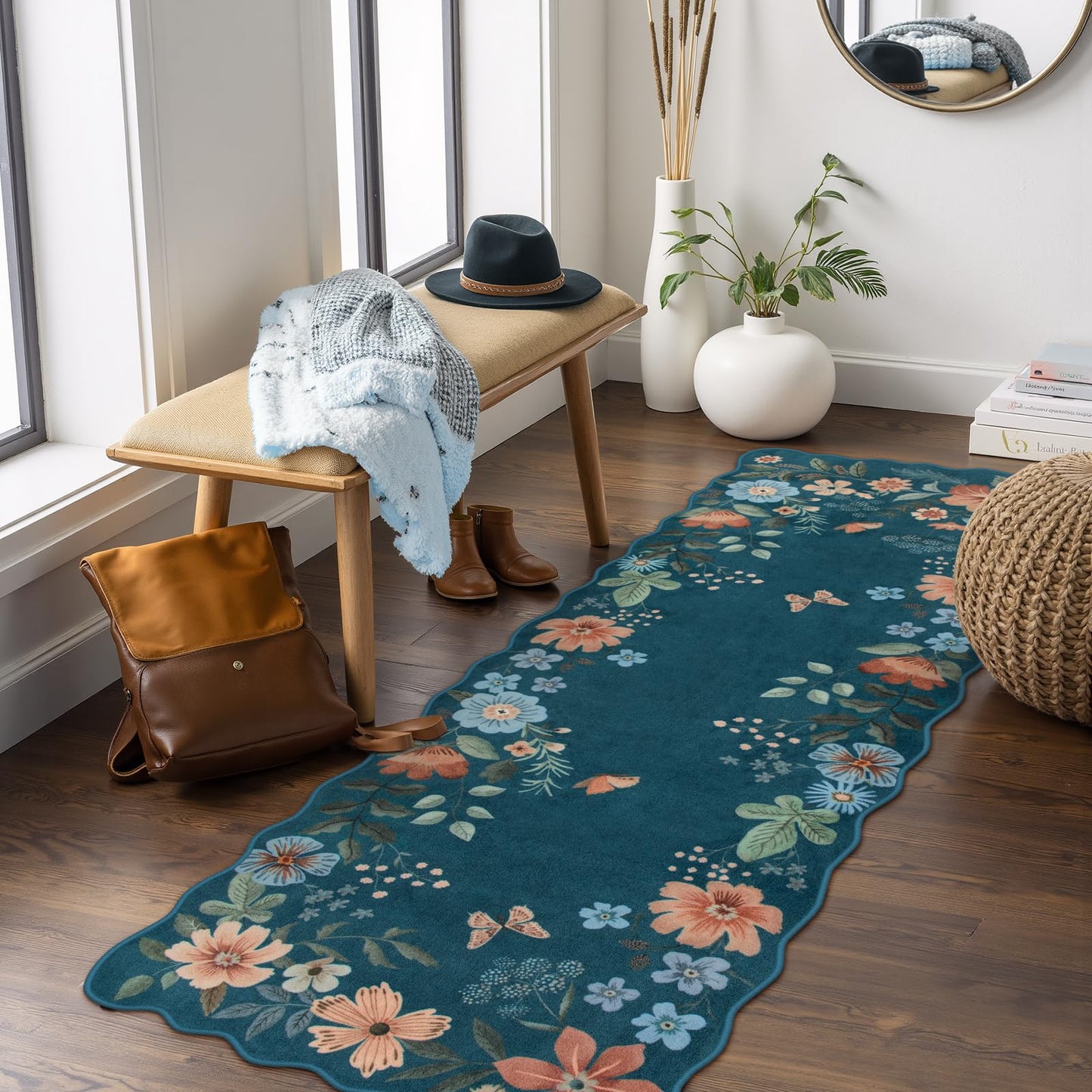 Lahome Floral Rugs for Living Room, 5x7 Area Rugs Ultra-Thin Soft Washable Rug, Non-Slip Bedroom Rug Stain Resistant Boho Flore Carpet for ‎Dining Room Office (5x7ft,Black/Grey)