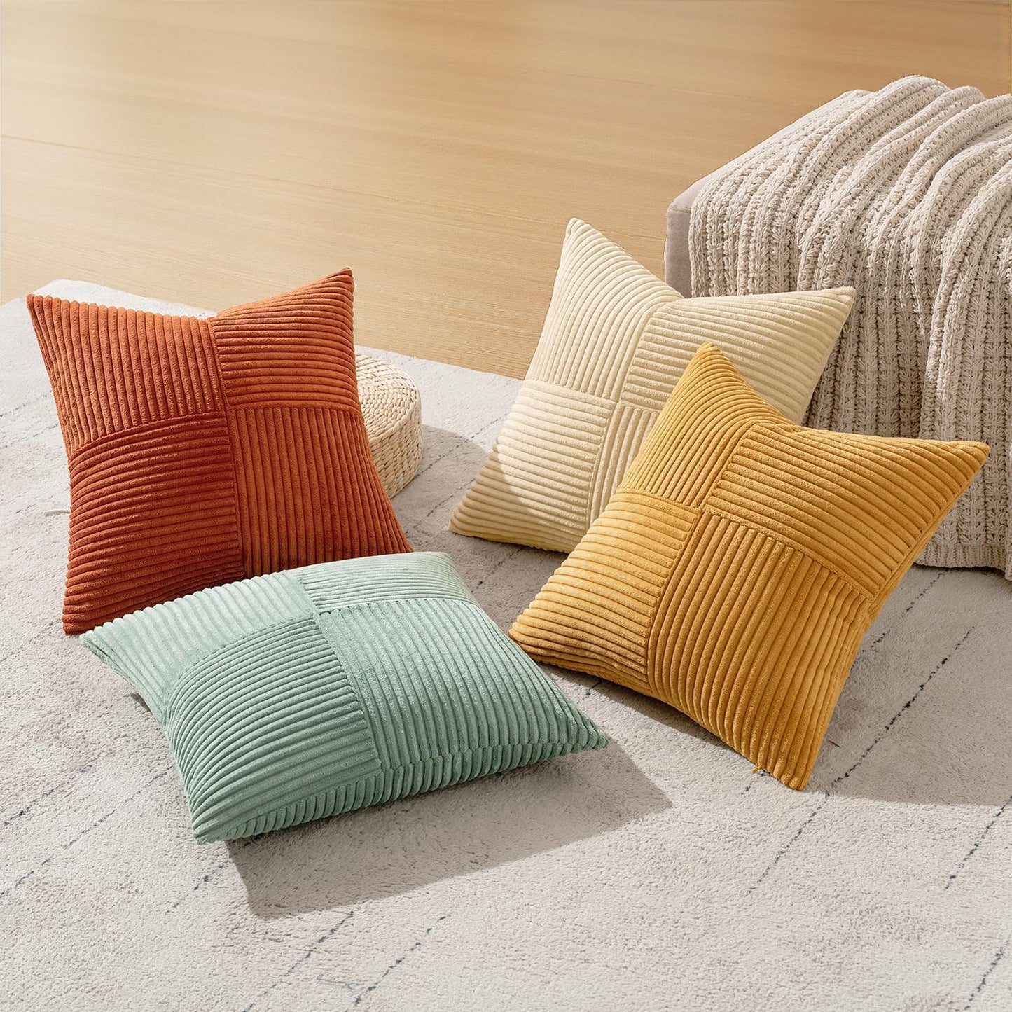 MIULEE Fall Teal Orange Decorative Throw Pillow Covers 18x18 Inch Set of 4 Boho Corduroy Striped Cushion Cases Modern Farmhouse Patchwork Pillow Cases for Couch Sofa Bedroom Home Decor