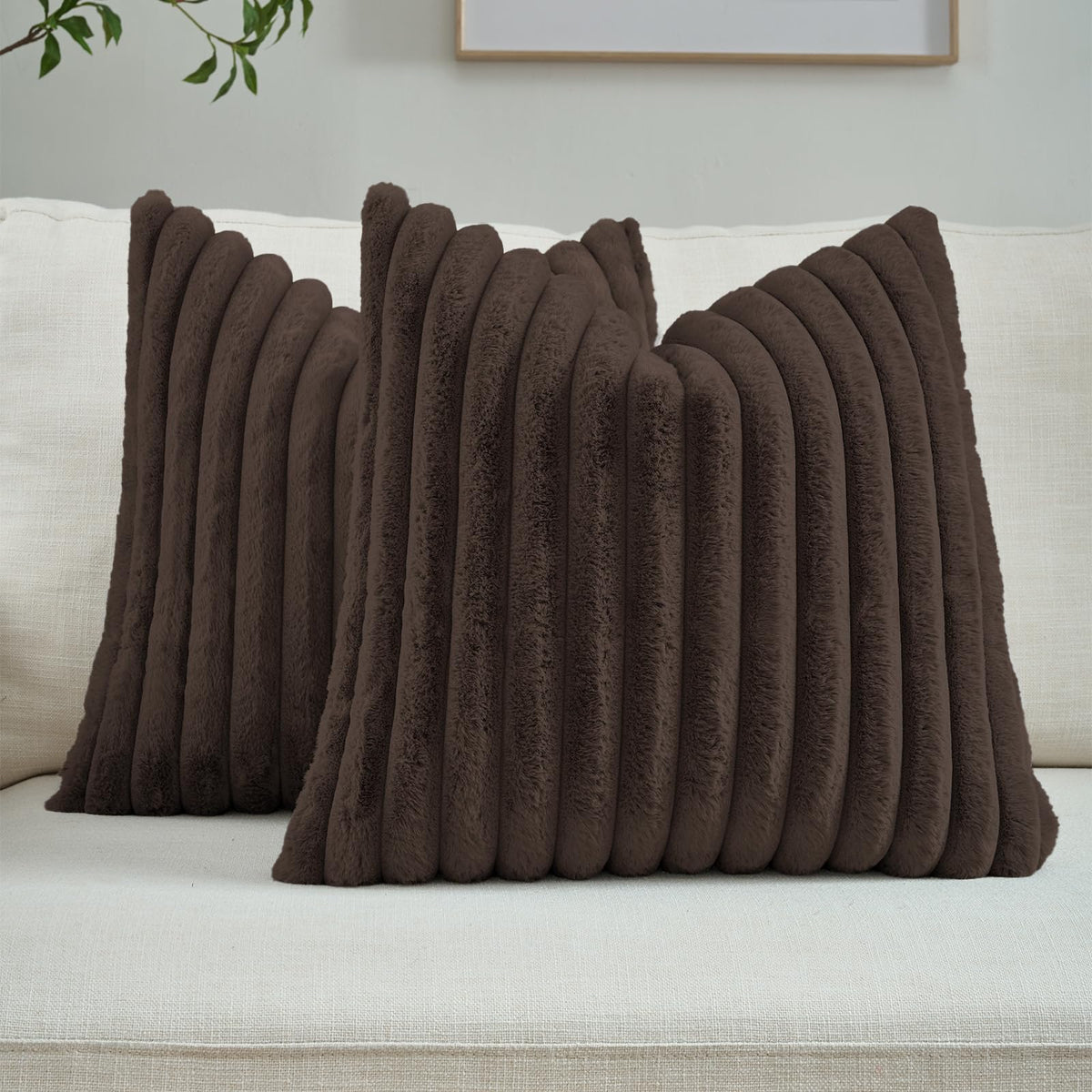 FUTEI Pack of 2 Faux Fur Throw Pillow Covers 18x18 Inch, Cream White | Fluffy Faux Rabbit Fur Front/Premium Velvet Back,Hidden Zipper,Machine Washable,Non-Shedding,Colorfast,Insert Not Included.