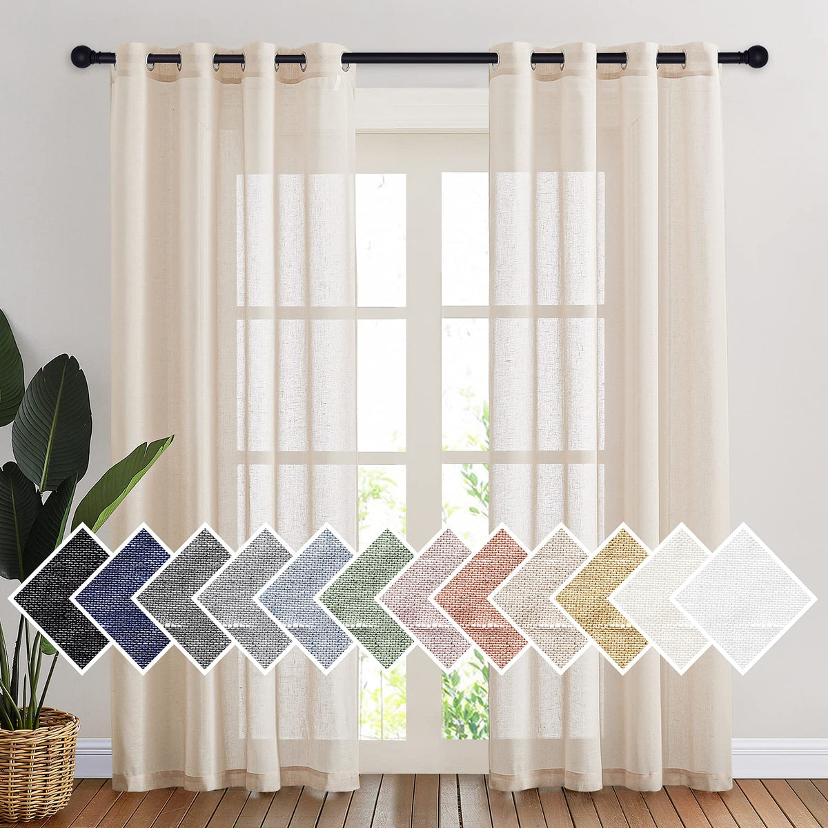 NICETOWN White Sheer Linen Curtains for Living Room 84 inch Length 2 Panels Set, Grommet Semi Sheer Privacy with Light Filtering Flax Window Treatments for Bedroom, W52 x L84