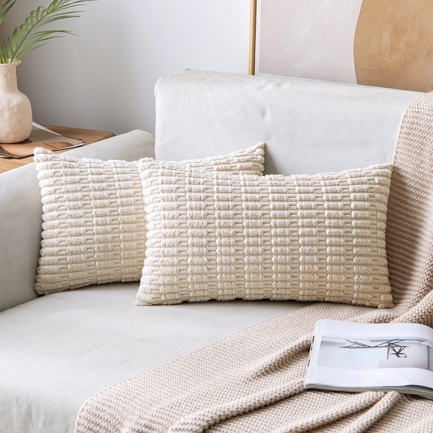 MIULEE Corduroy Decorative Throw Pillow Covers 18x18 Cream White Pack of 2 | Soft Boho Striped Pillow Covers Modern Farmhouse Home Decor For Sofa Living Room Couch Bed