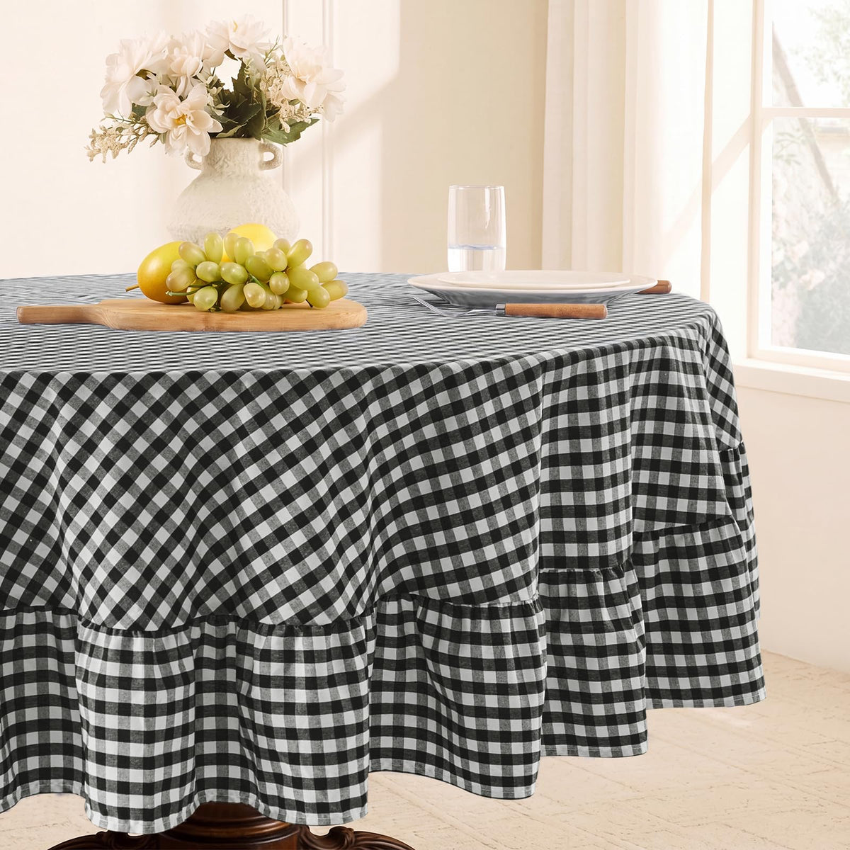 Romanstile Gingham Ruffled Tablecloth Rectangle, 60 x 84 Inch, Sage Green | Waterproof Checkered Table Cloth, Polyester-cotton, Farmhouse Plaid Table Cover for Outdoor, Picnic, Camping, Party